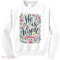 Floral Religious He Is Risen Christian Happy Easter Kids Sweatshirt thumb 0