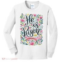 Floral Religious He Is Risen Christian Happy Easter Kids Long Sleeve Shirt thumb 0
