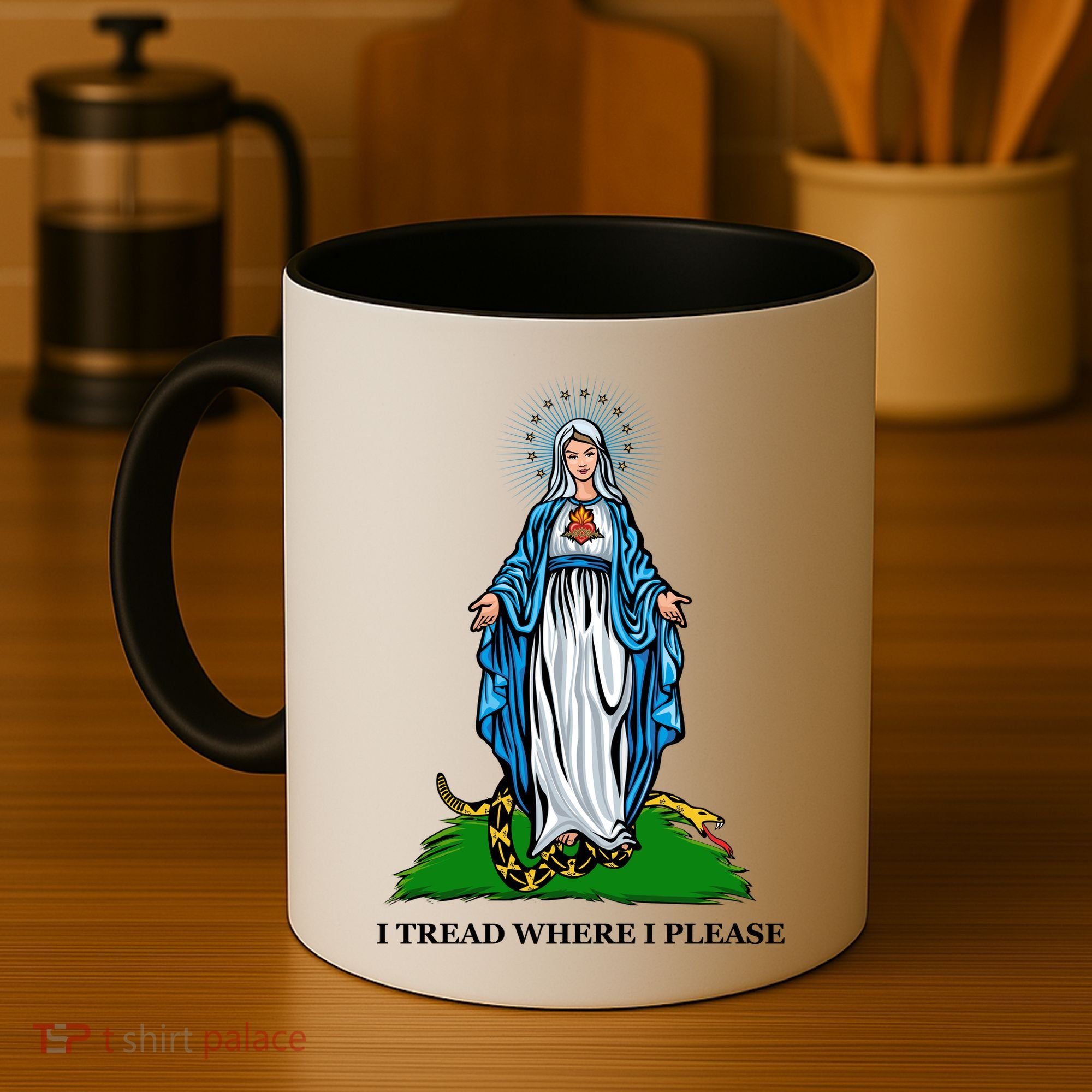 Funny Religious I Tread Where I Please Mary Versus Tread On Me Snake Coffee Mug