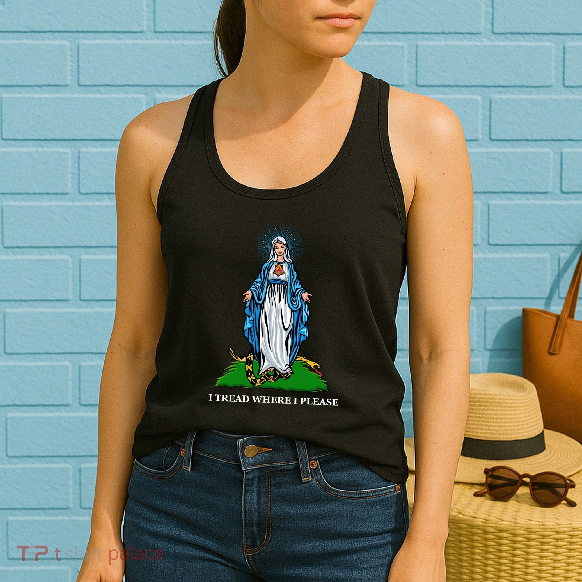 Funny Religious I Tread Where I Please Mary Versus Tread On Me Snake Women's Tank Top