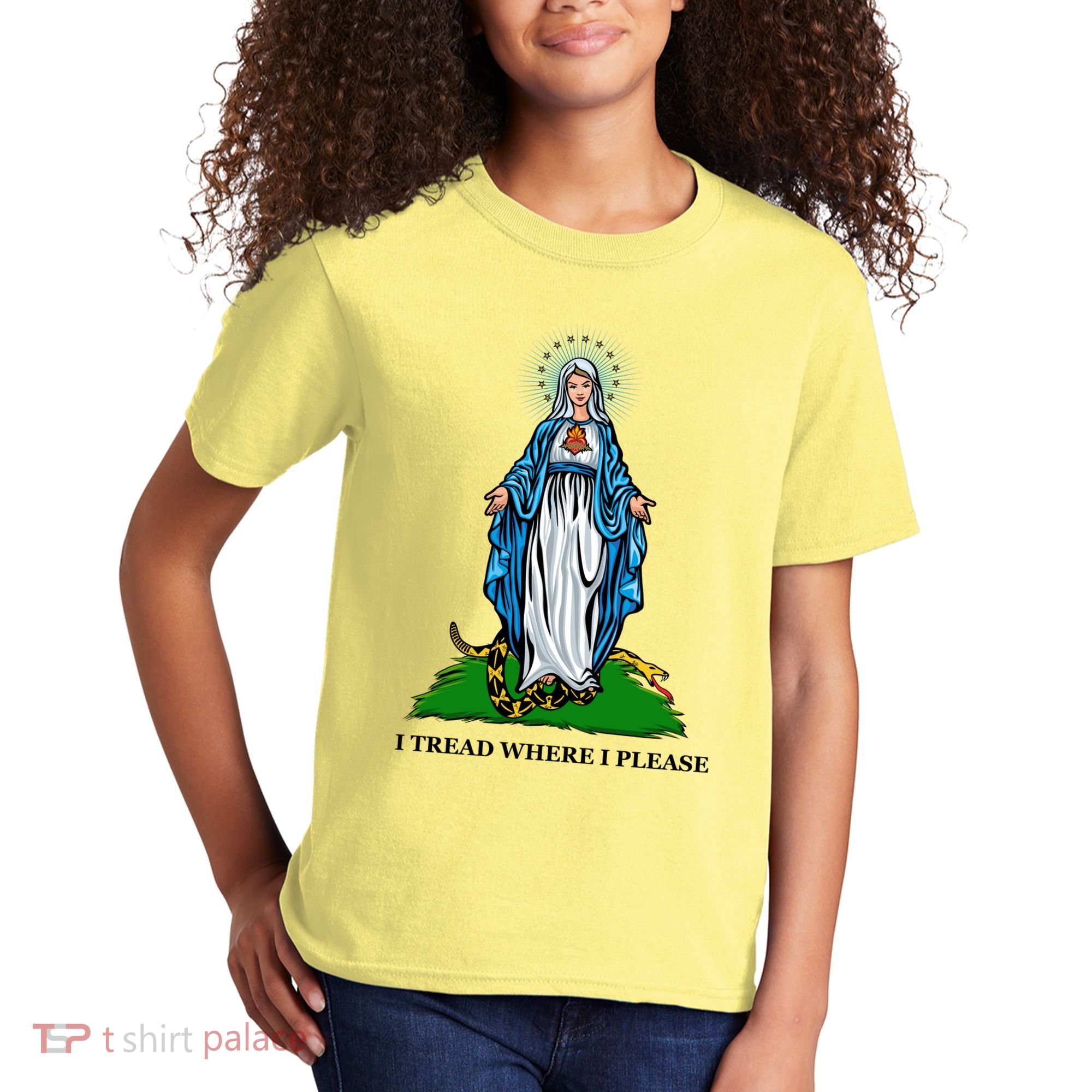 Funny Religious I Tread Where I Please Mary Versus Tread On Me Snake Kids T-Shirt
