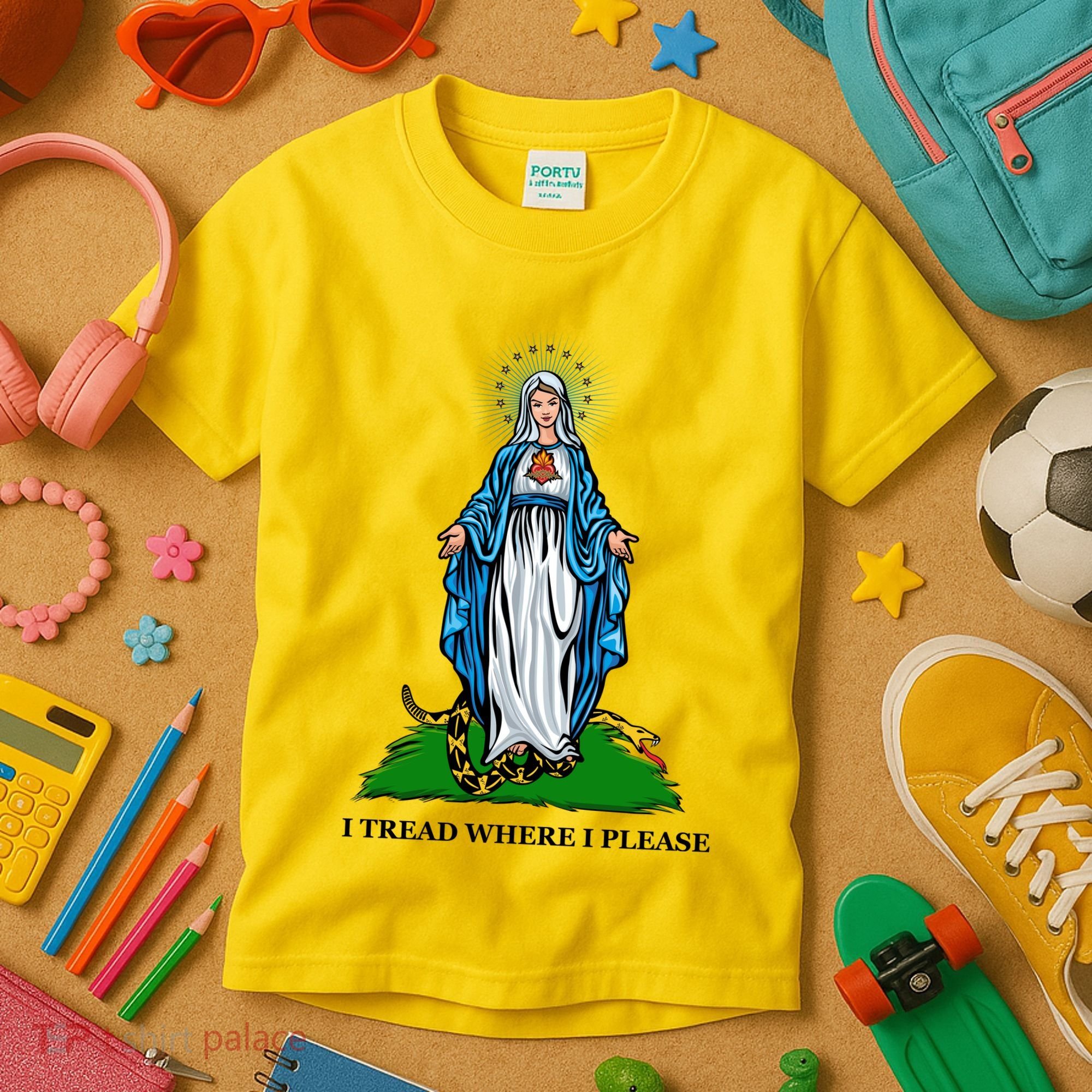 Funny Religious I Tread Where I Please Mary Versus Tread On Me Snake Kids T-Shirt