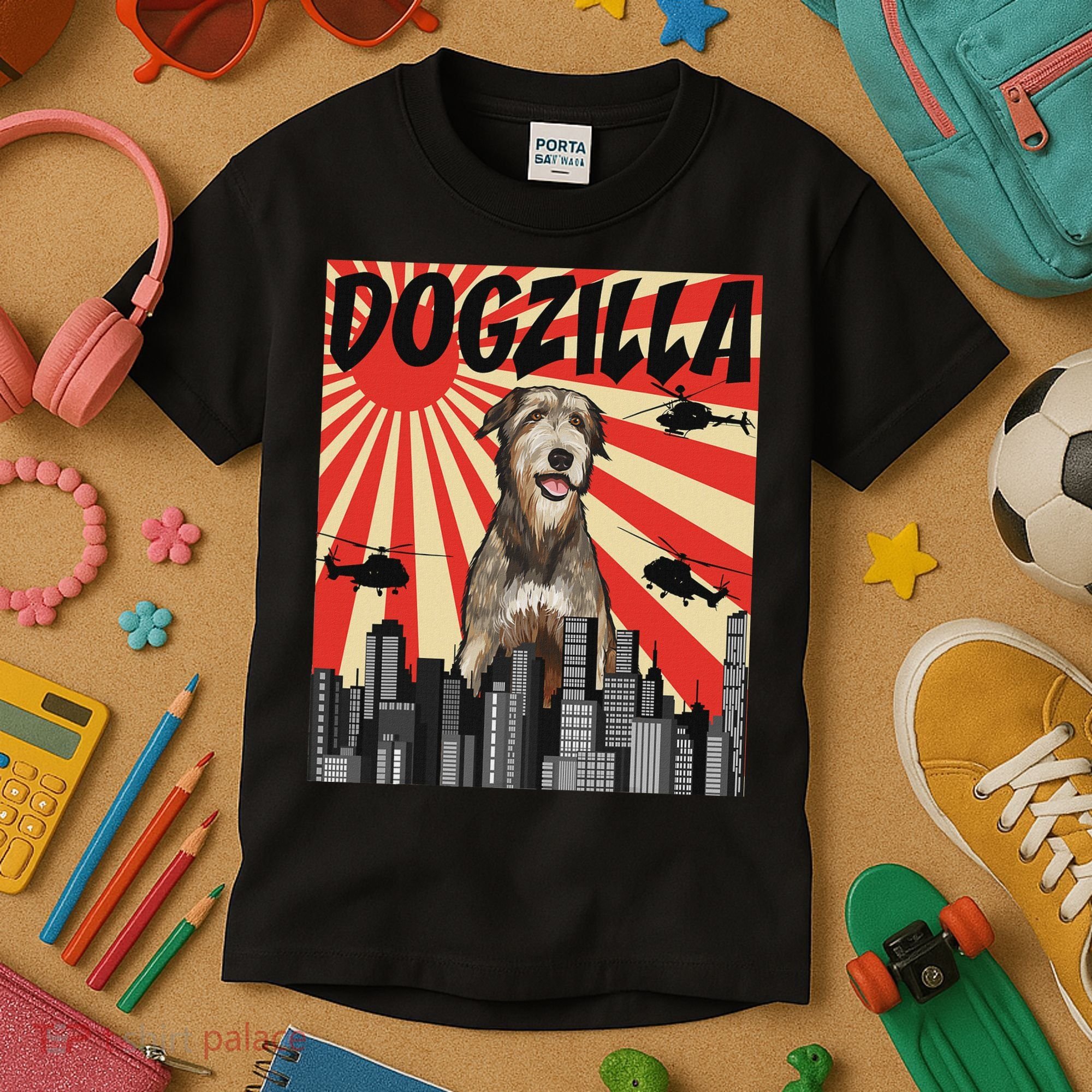 Funny Retro Japanese Dogzilla Irish Wolfhound Kids T-Shirt