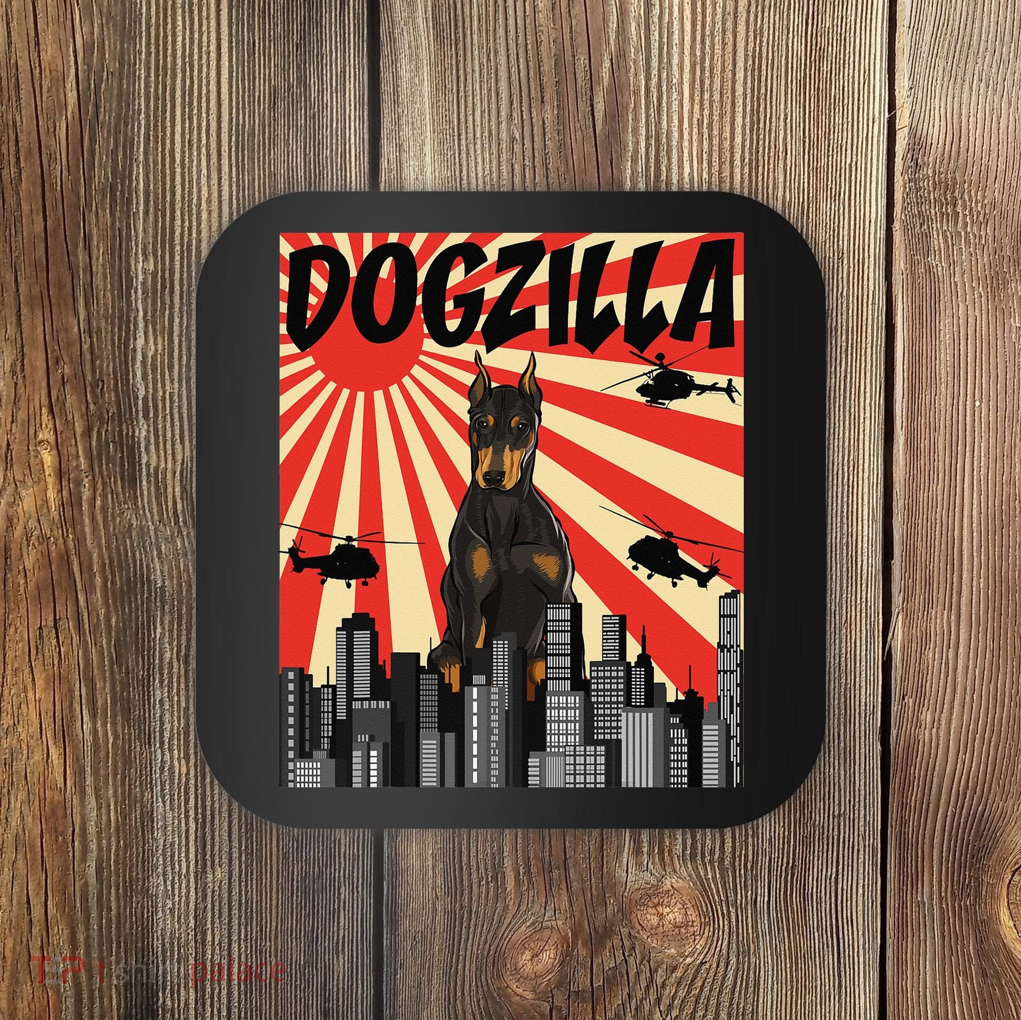 Funny Retro Japanese Dogzilla Doberman Pinscher Coaster