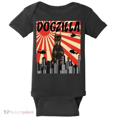 Funny Retro Japanese Dogzilla Doberman Pinscher Baby Bodysuit