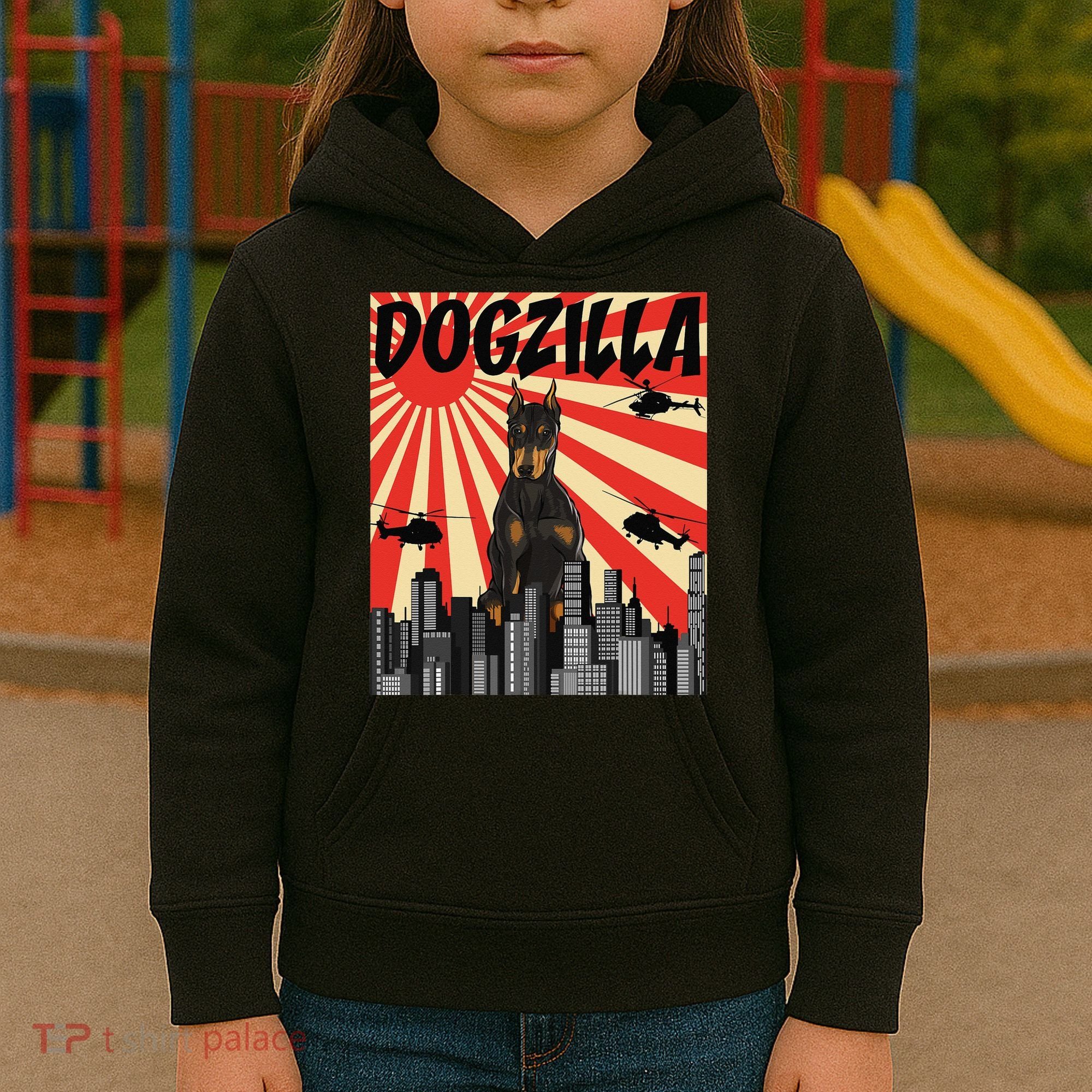 Funny Retro Japanese Dogzilla Doberman Pinscher Kids Hoodie