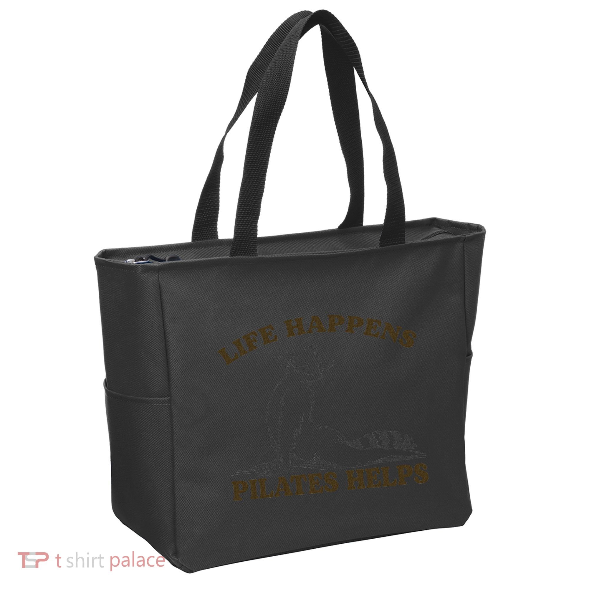 Funny Racoon Life Happens Pilates Helps Quote Motivation Tote Bag