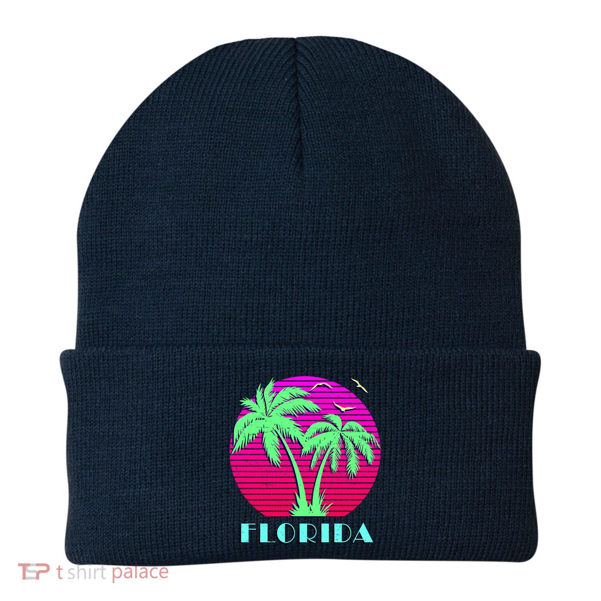 Florida Retro Neon Palm Trees Sunset Beanie