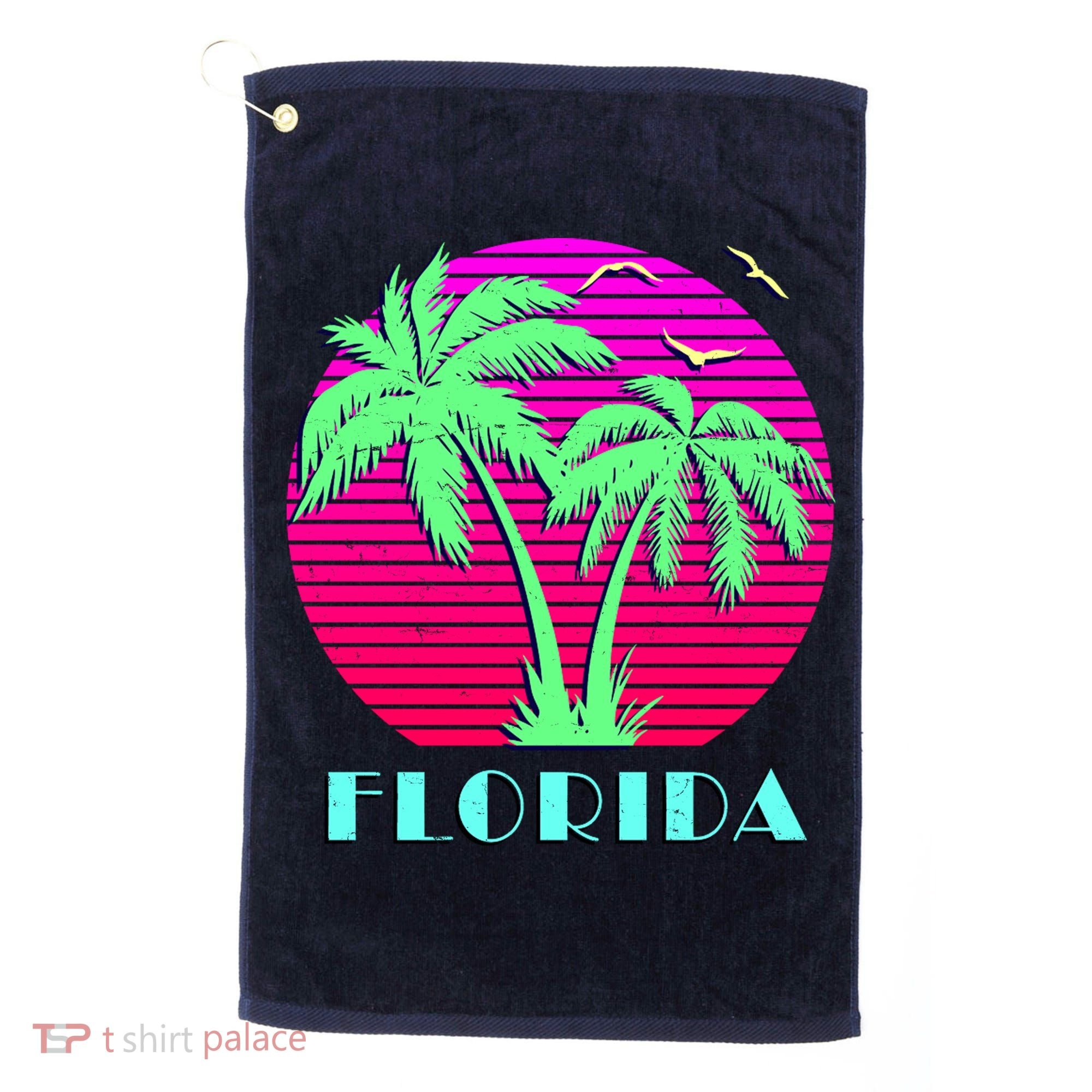 Florida Retro Neon Palm Trees Sunset Golf Towel