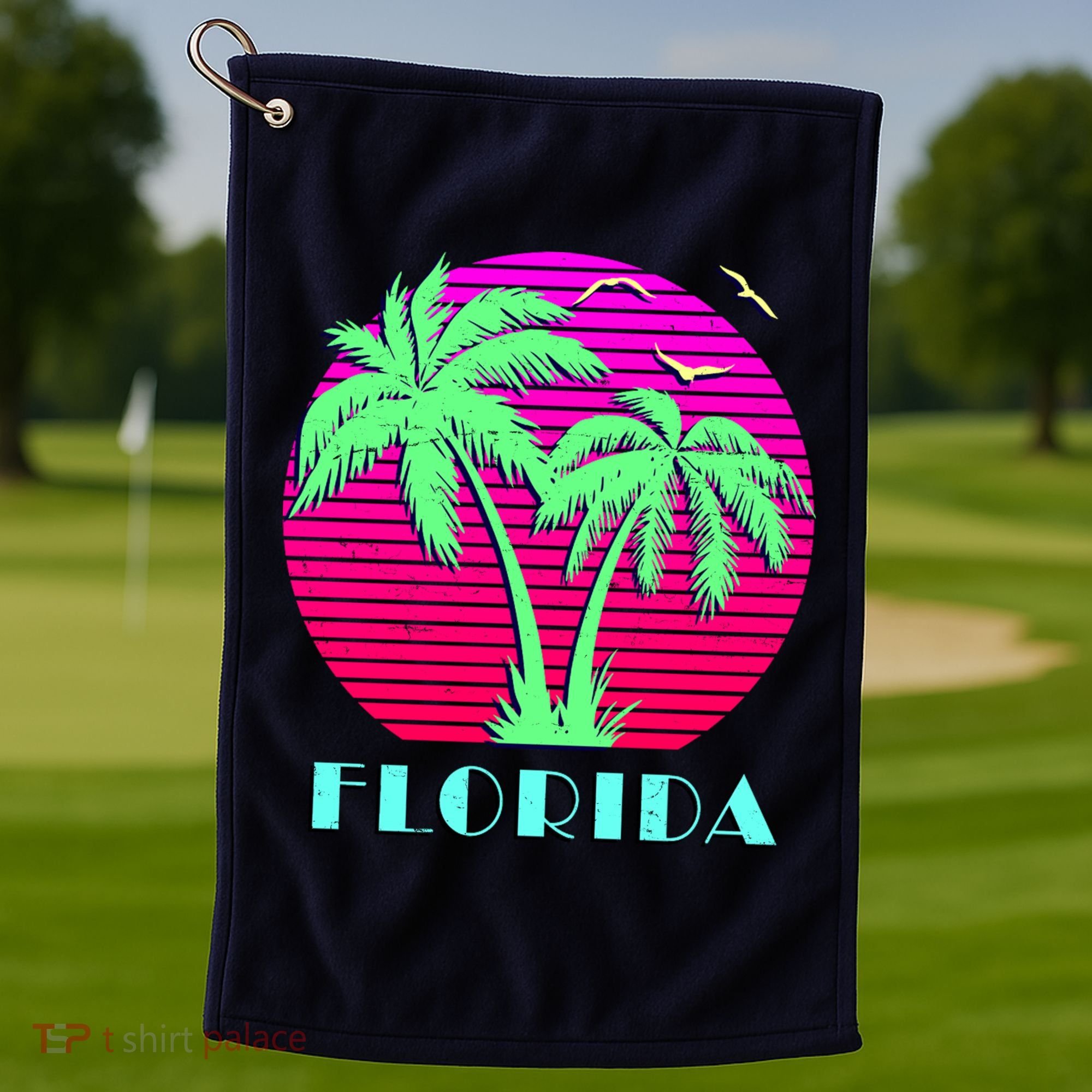 Florida Retro Neon Palm Trees Sunset Golf Towel