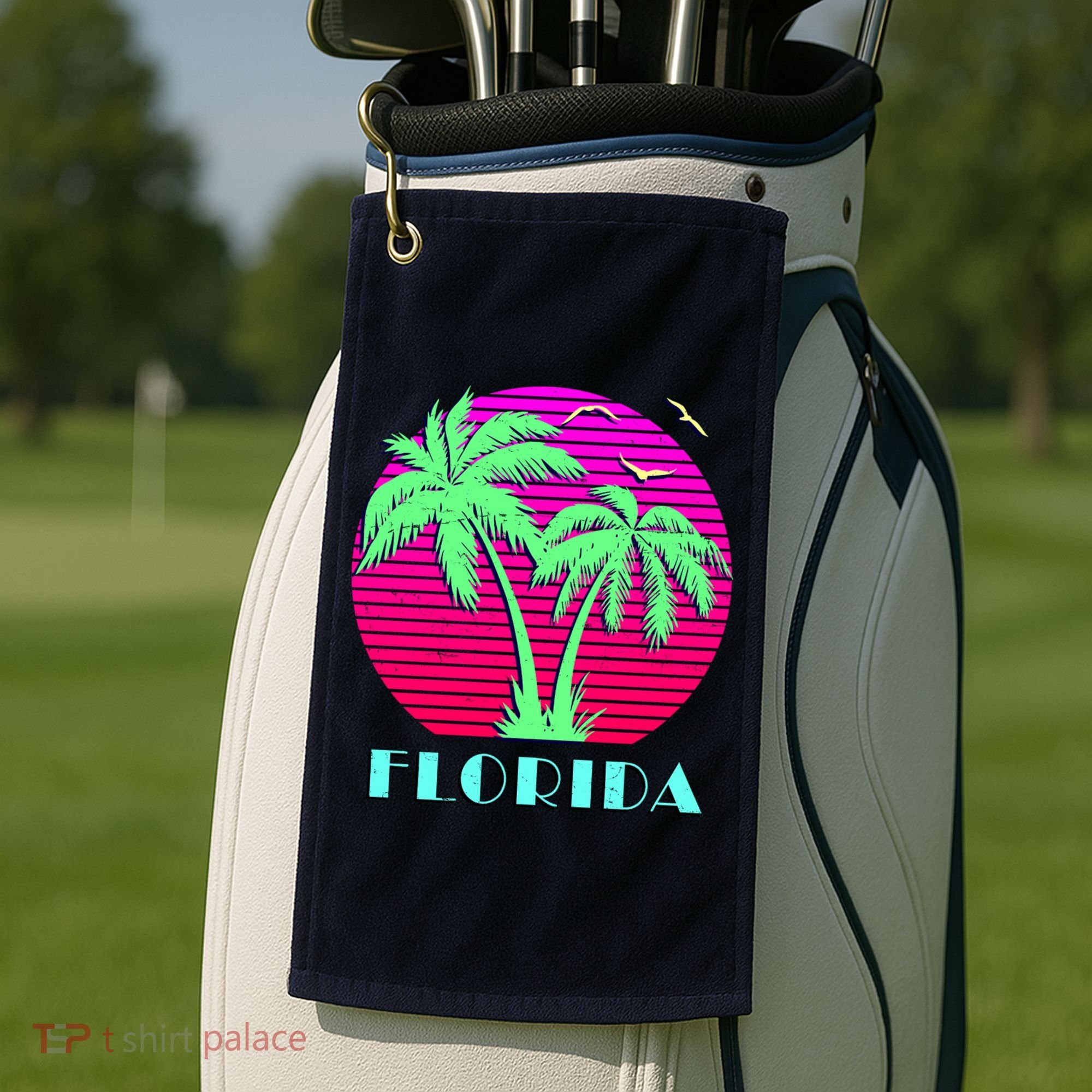 Florida Retro Neon Palm Trees Sunset Golf Towel