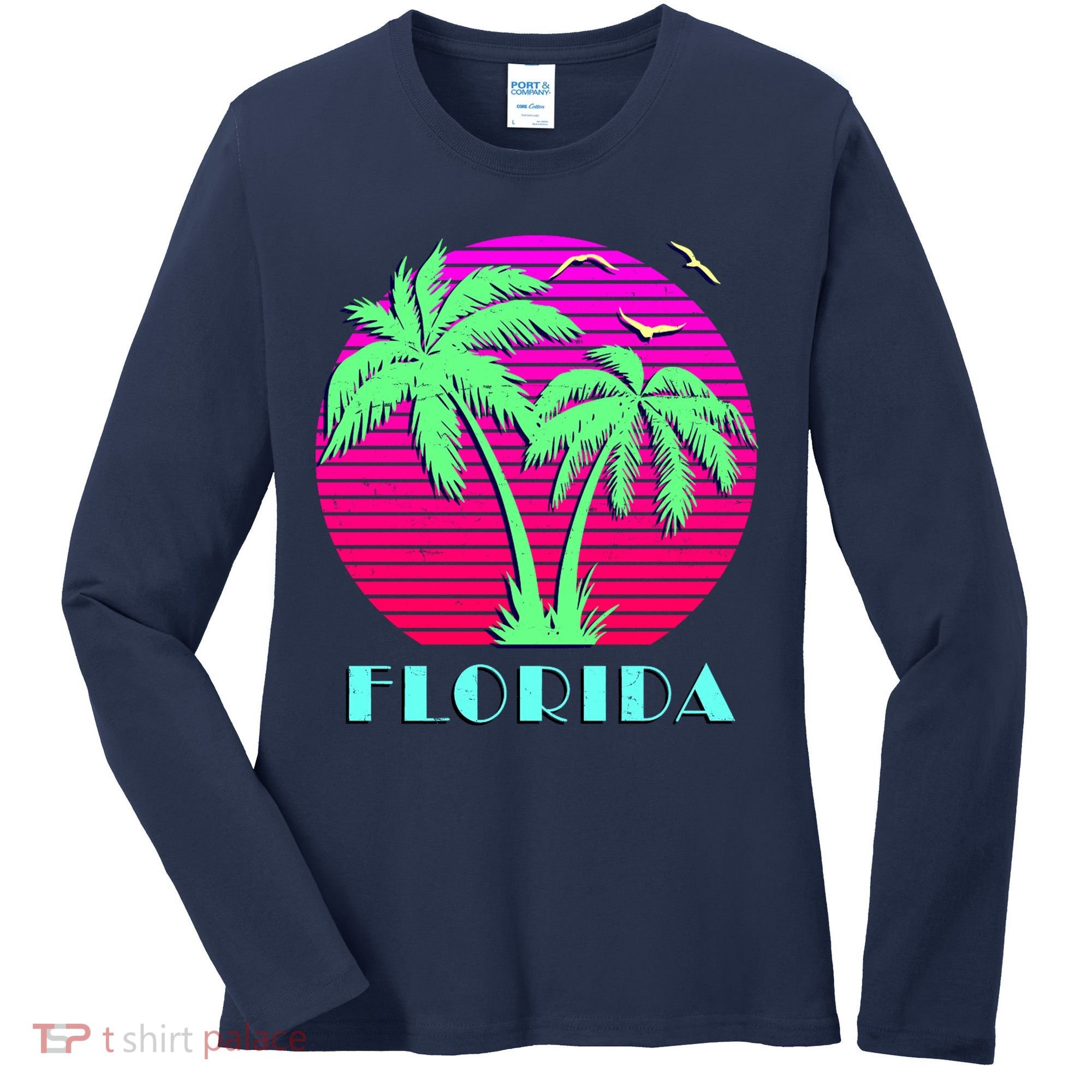 Florida Retro Neon Palm Trees Sunset Women's Long Sleeve Shirt