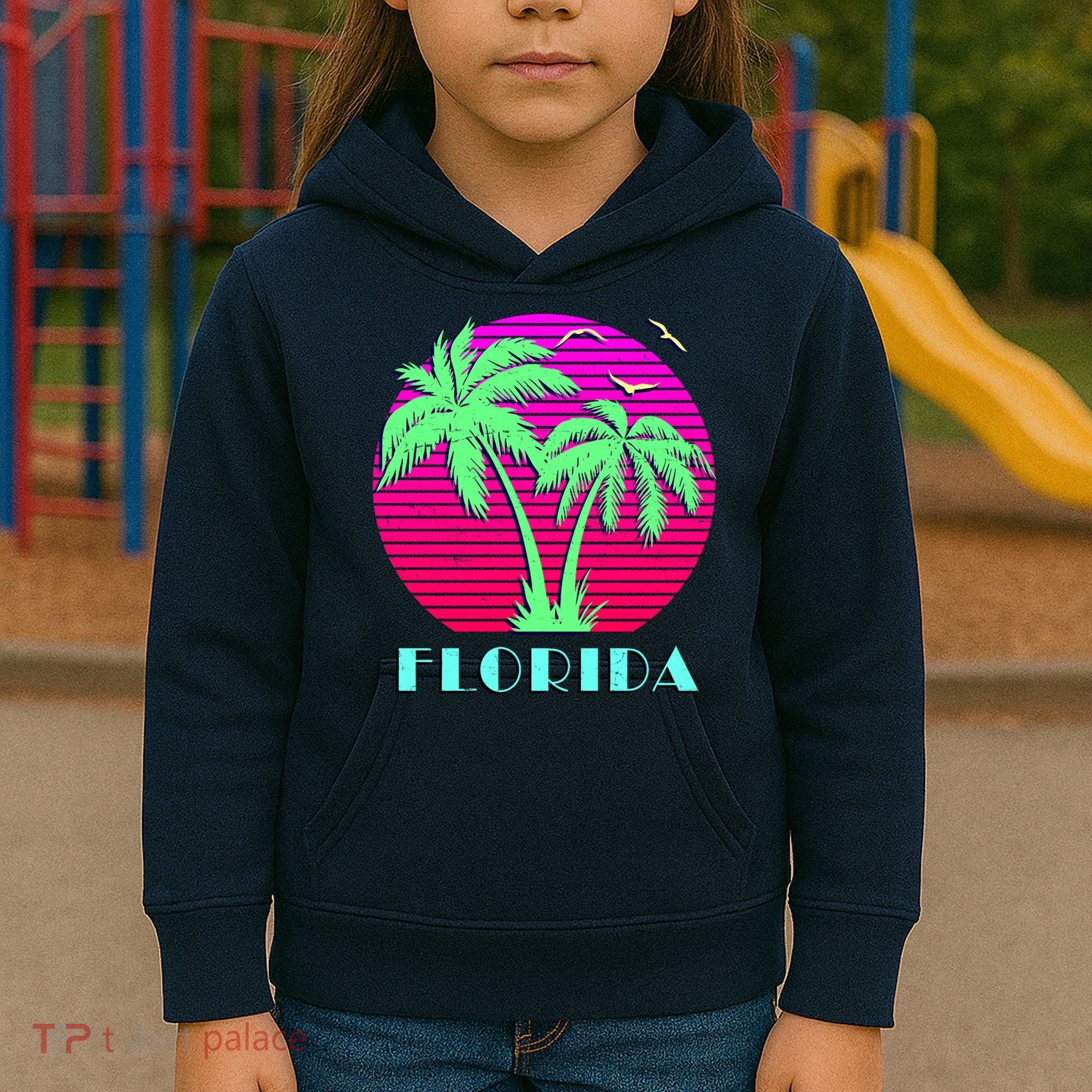 Florida Retro Neon Palm Trees Sunset Kids Hoodie