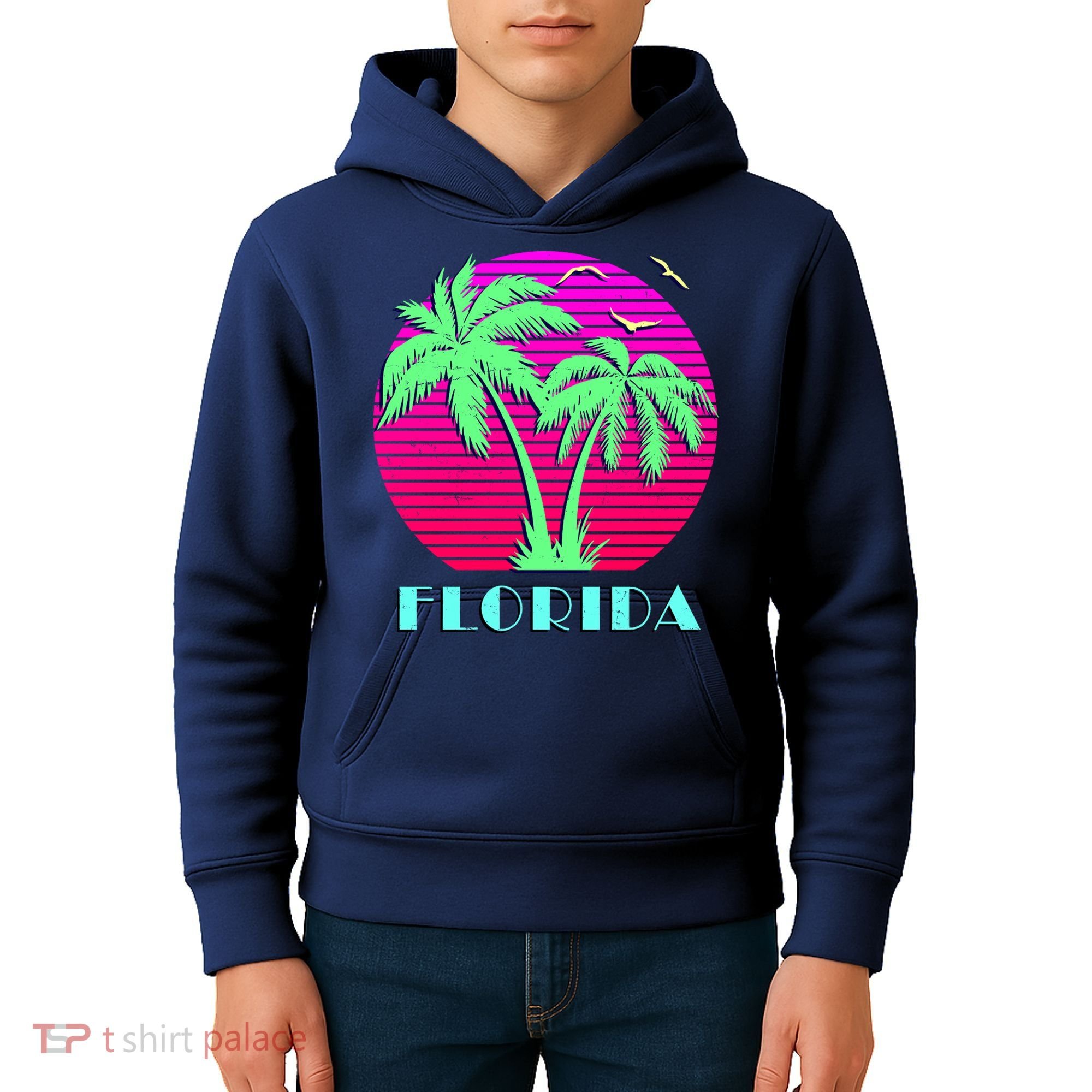 Florida Retro Neon Palm Trees Sunset Kids Hoodie