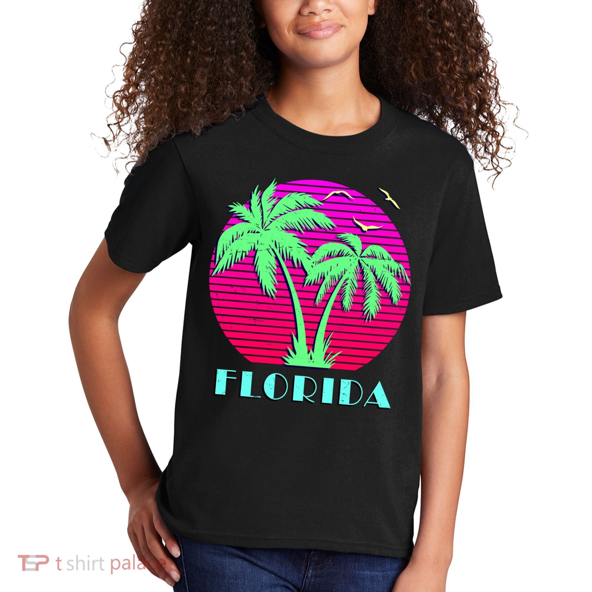 Florida Retro Neon Palm Trees Sunset Kids T-Shirt
