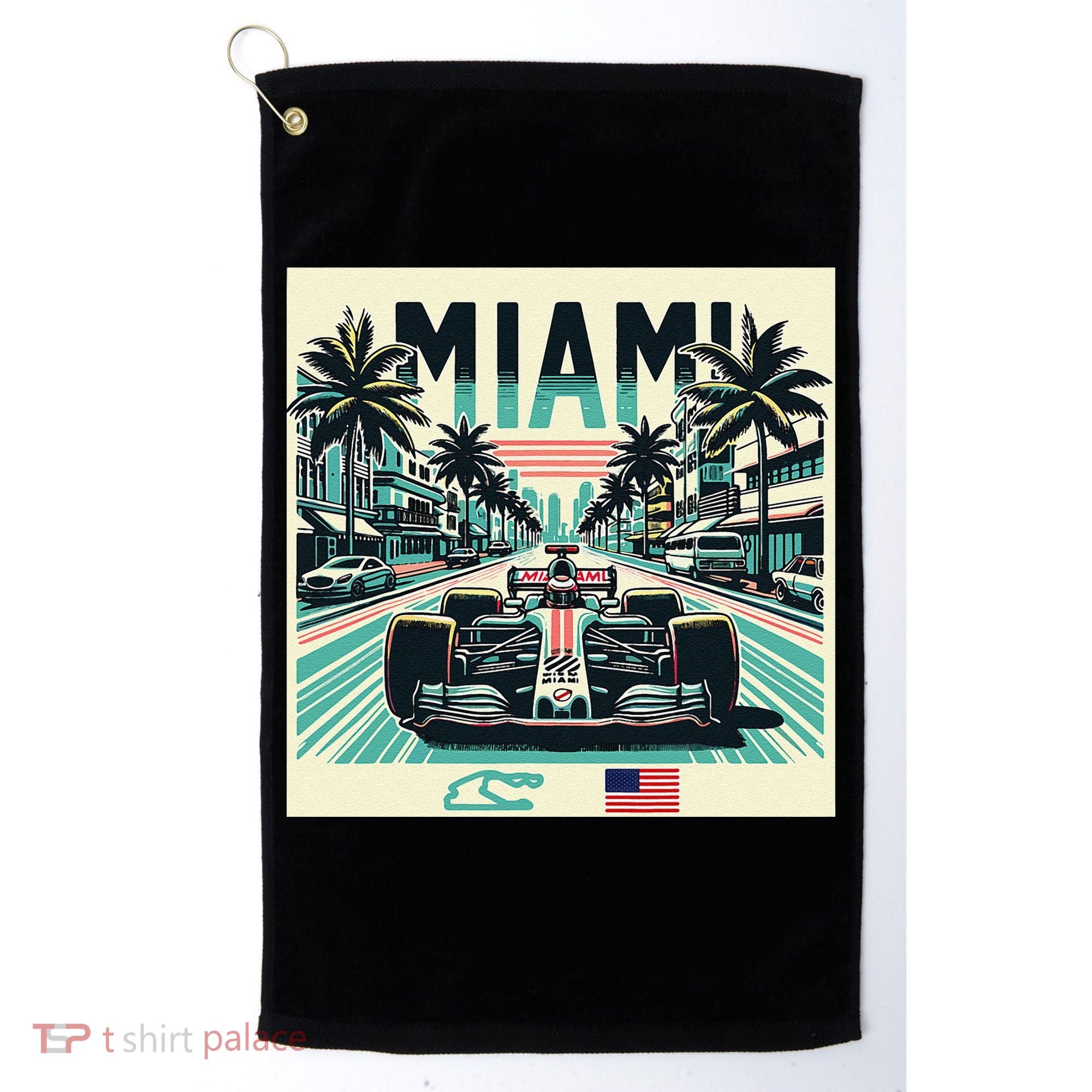 Formula Racing Open Wheel Car Retro Miami Circuit Usa Flag Golf Towel