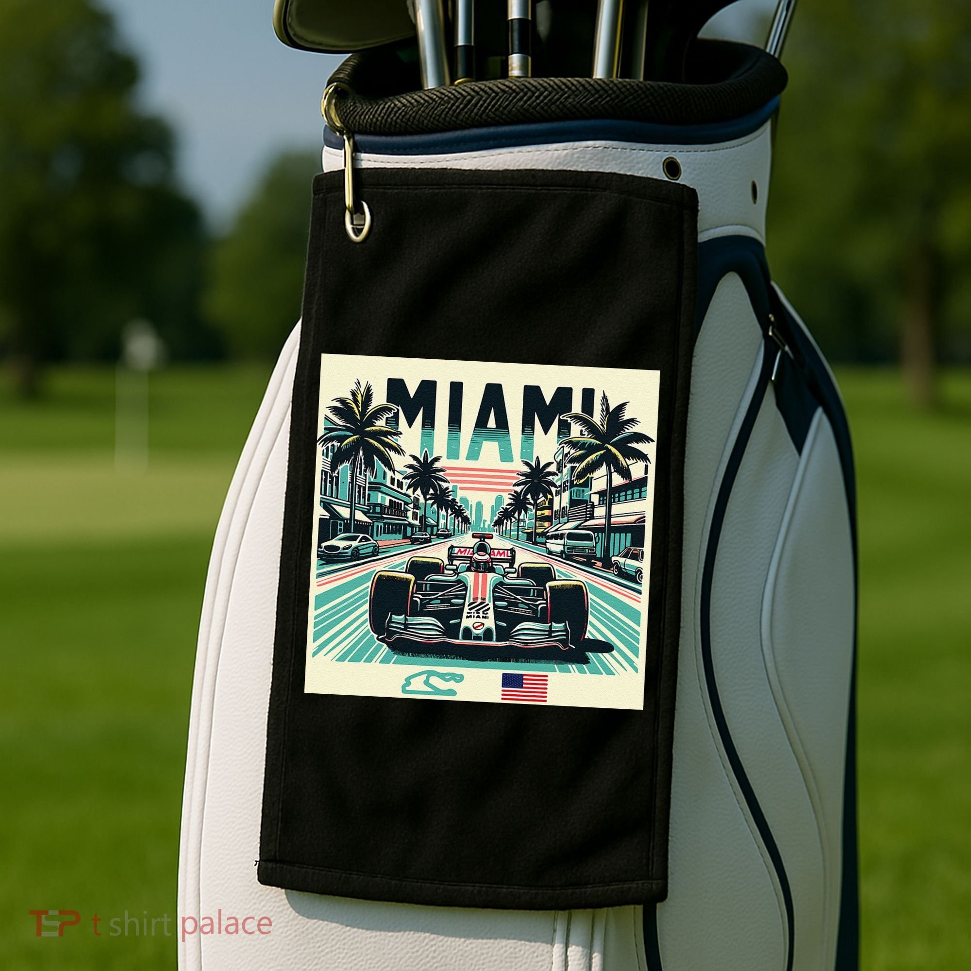 Formula Racing Open Wheel Car Retro Miami Circuit Usa Flag Golf Towel