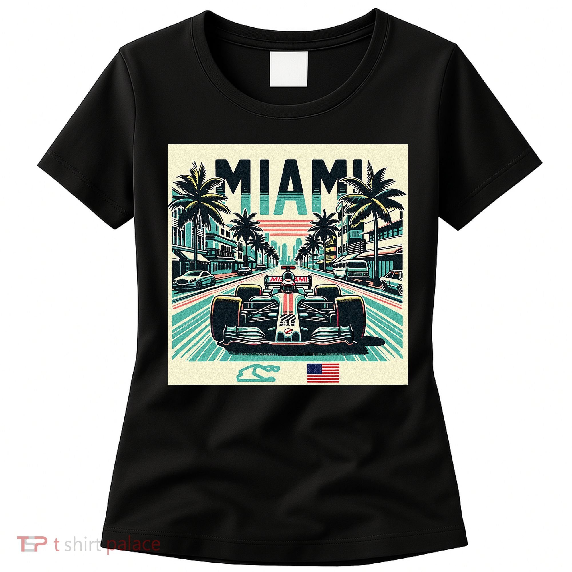 Formula Racing Open Wheel Car Retro Miami Circuit Usa Flag Women's T-Shirt
