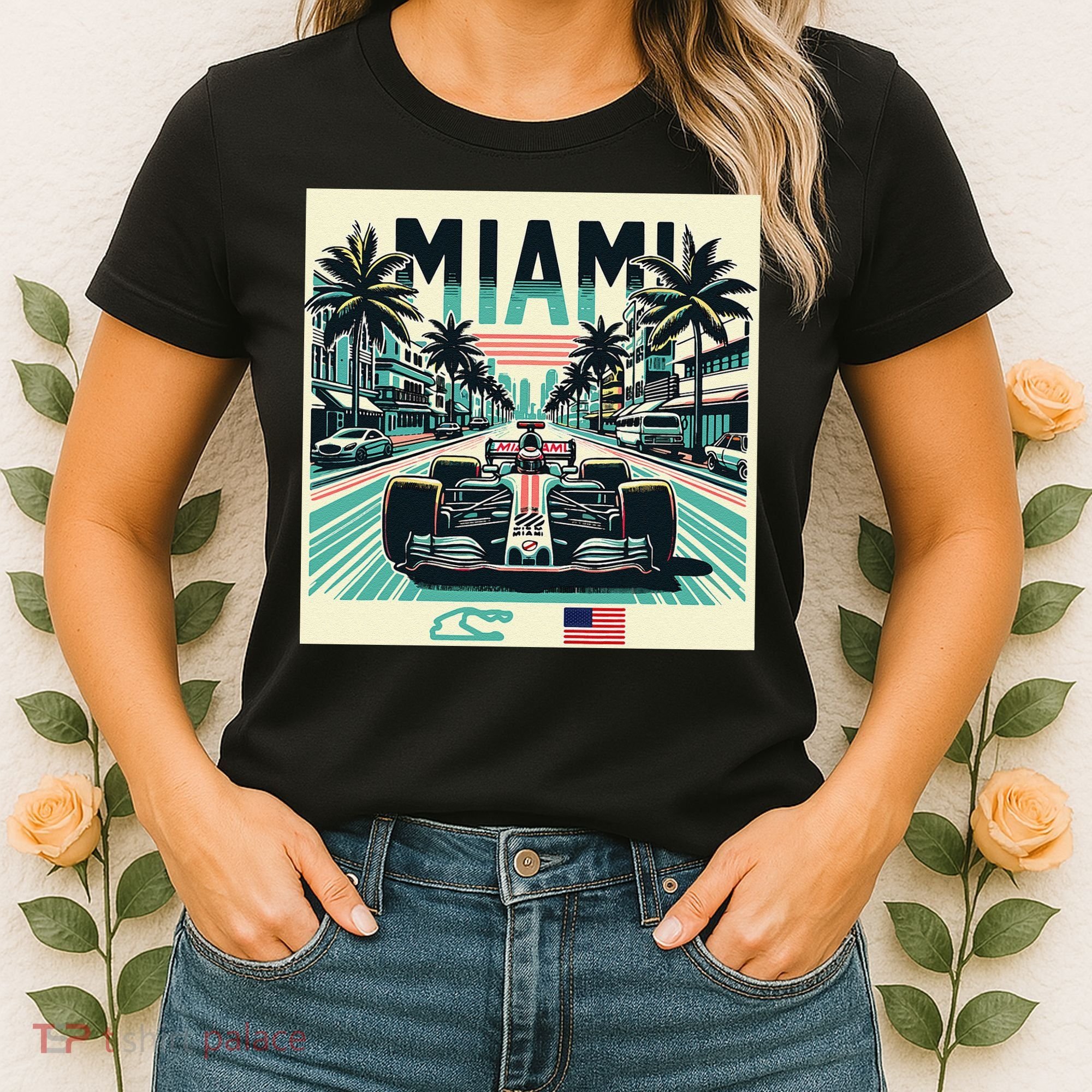 Formula Racing Open Wheel Car Retro Miami Circuit Usa Flag Women's T-Shirt
