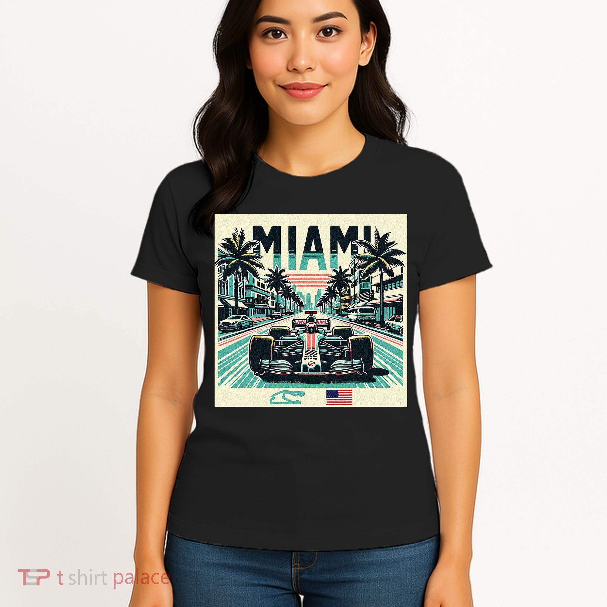 Formula Racing Open Wheel Car Retro Miami Circuit Usa Flag Women's T-Shirt