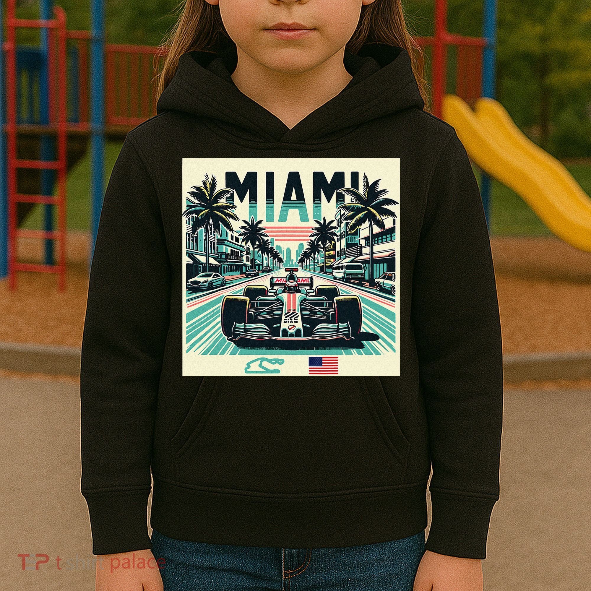 Formula Racing Open Wheel Car Retro Miami Circuit Usa Flag Kids Hoodie