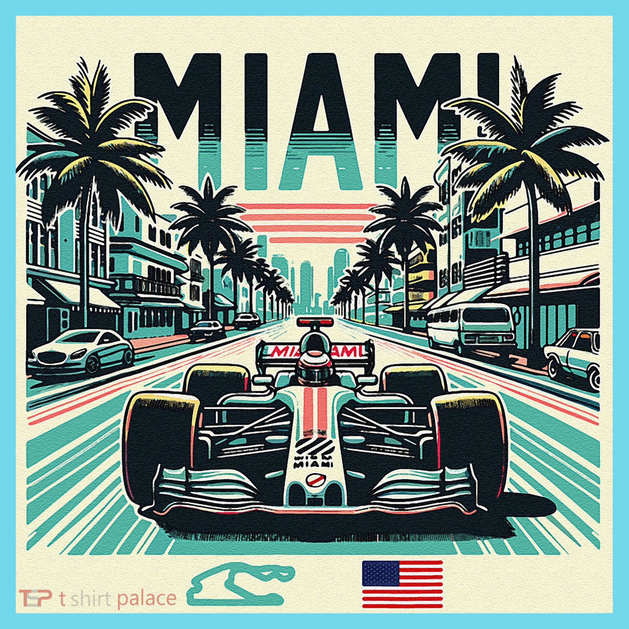 Formula Racing Open Wheel Car Retro Miami Circuit Usa Flag T-Shirt