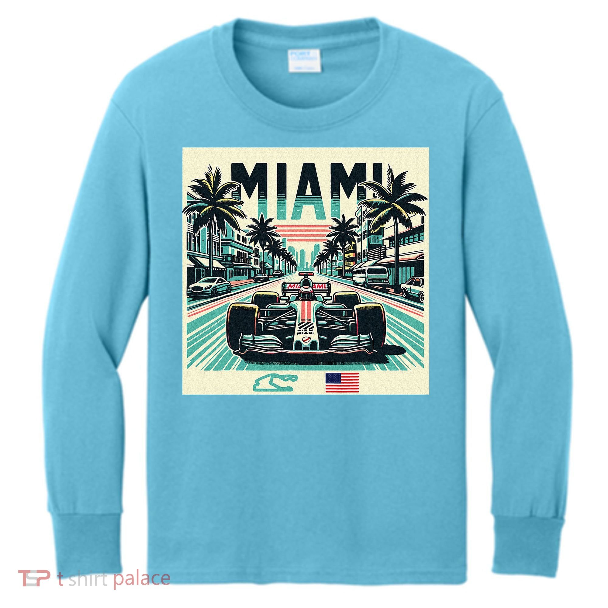 Formula Racing Open Wheel Car Retro Miami Circuit Usa Flag Kids Long Sleeve Shirt