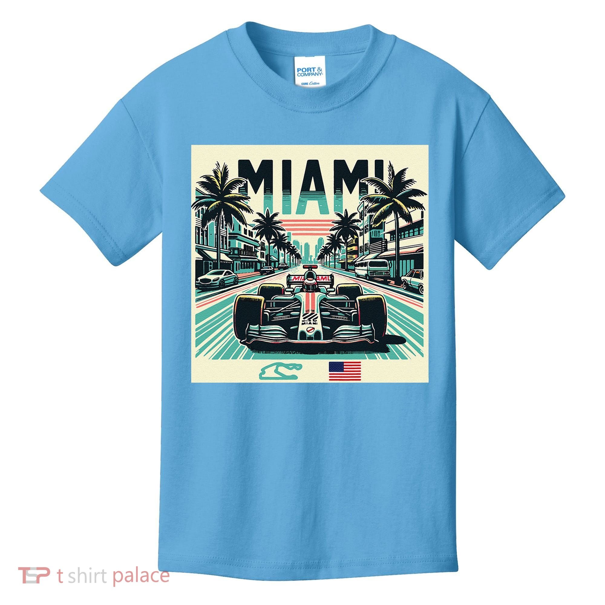Formula Racing Open Wheel Car Retro Miami Circuit Usa Flag Kids T-Shirt