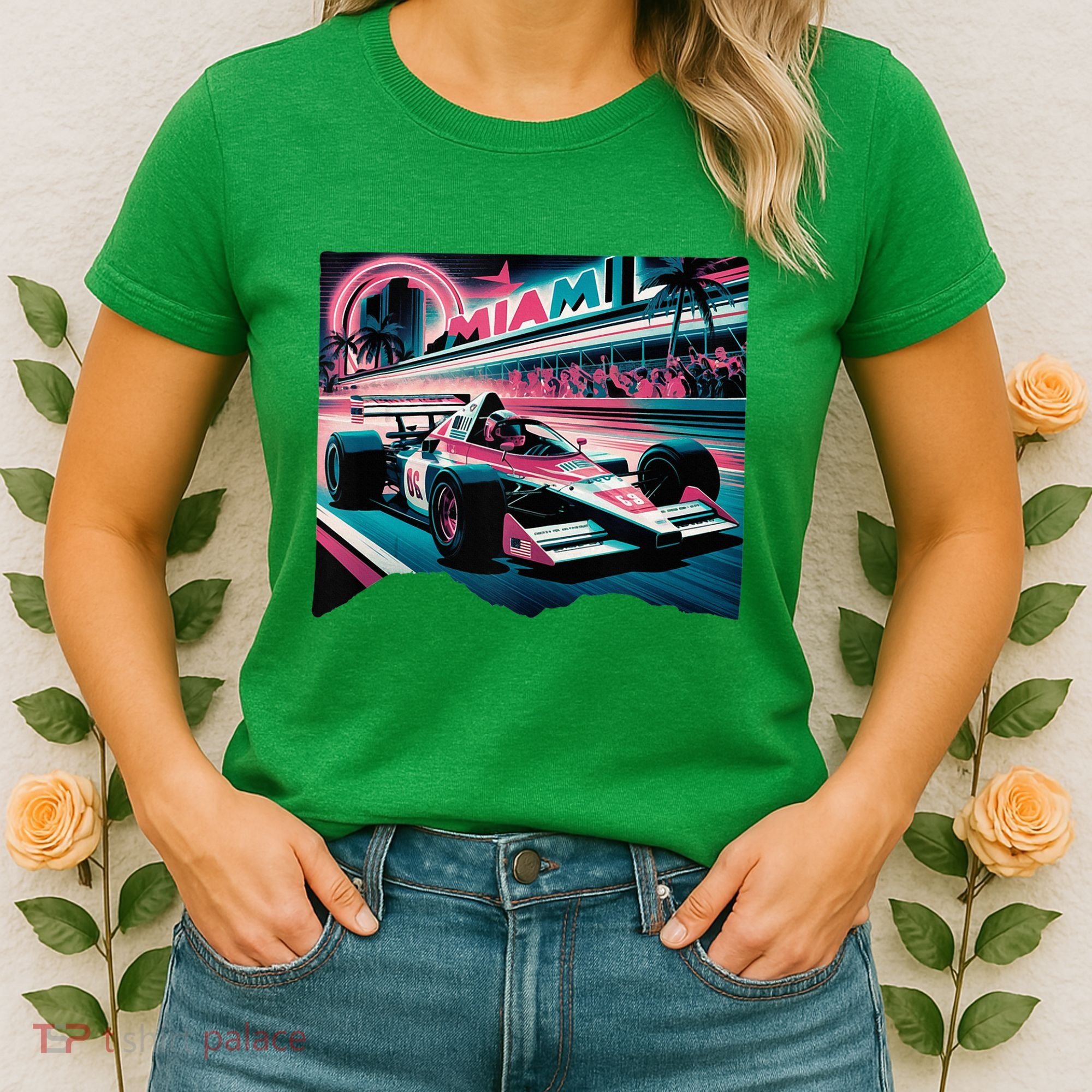 Formula Racing Open Wheel Car Retro Miami Circuit Usa Flag Women's T-Shirt
