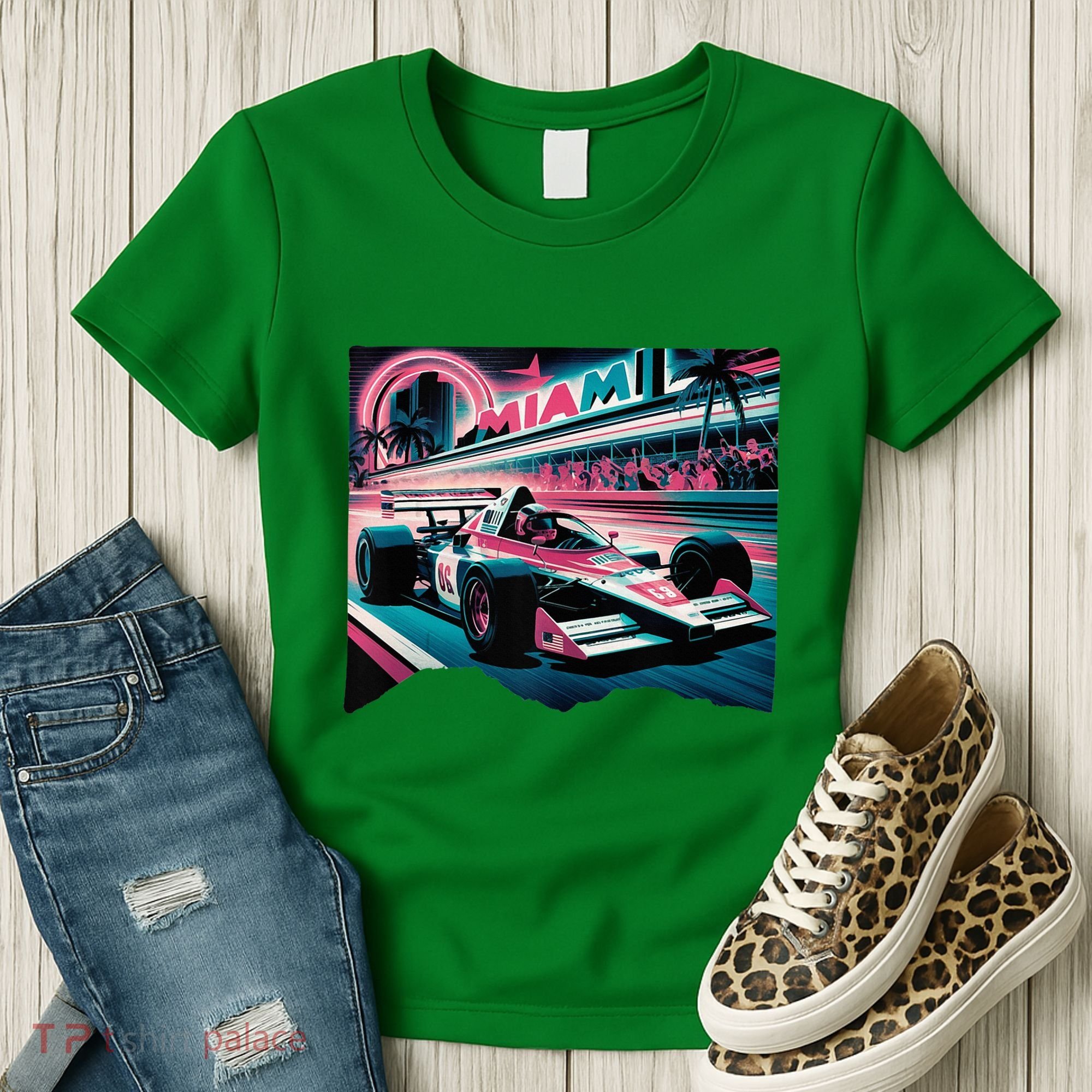 Formula Racing Open Wheel Car Retro Miami Circuit Usa Flag Women's T-Shirt