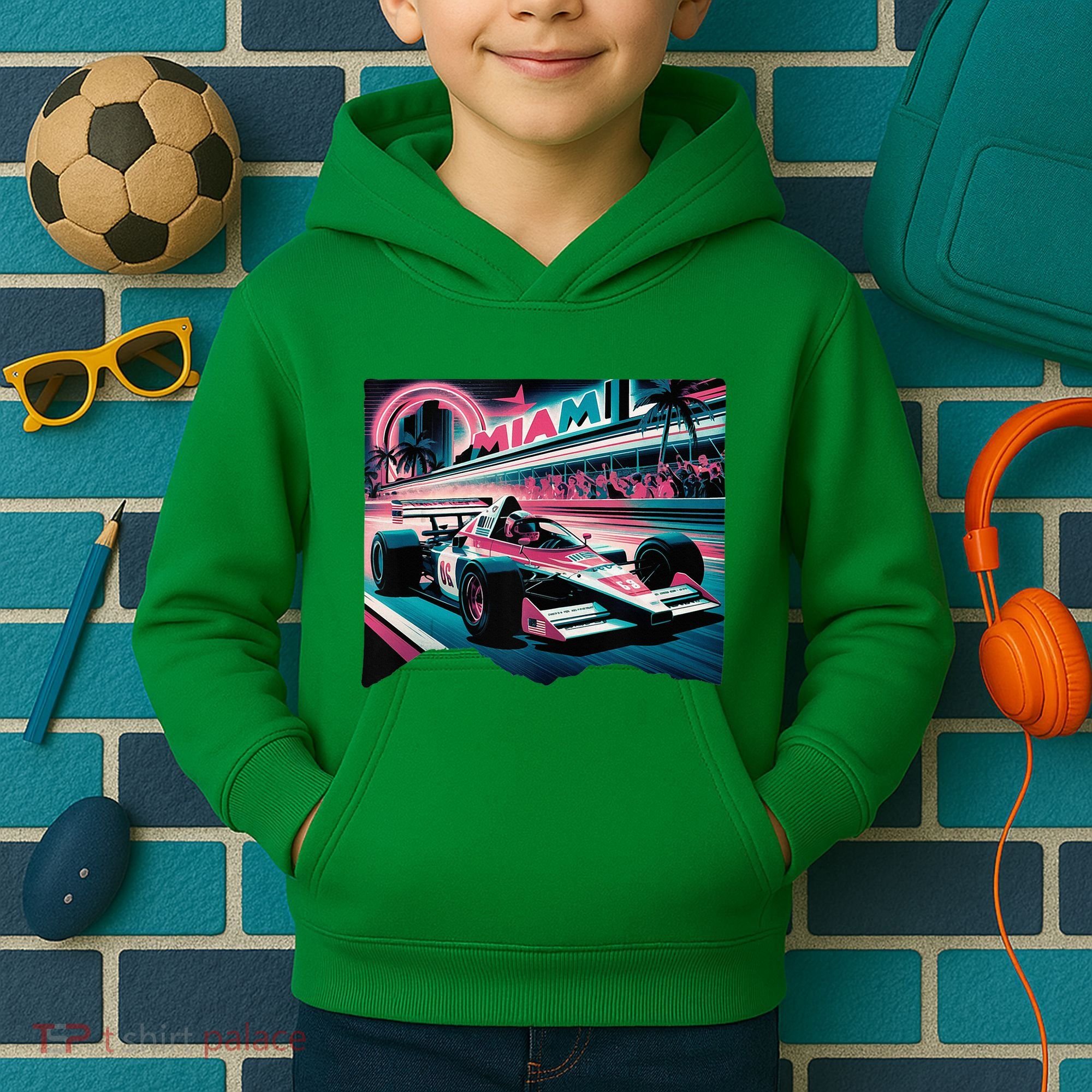 Formula Racing Open Wheel Car Retro Miami Circuit Usa Flag Kids Hoodie