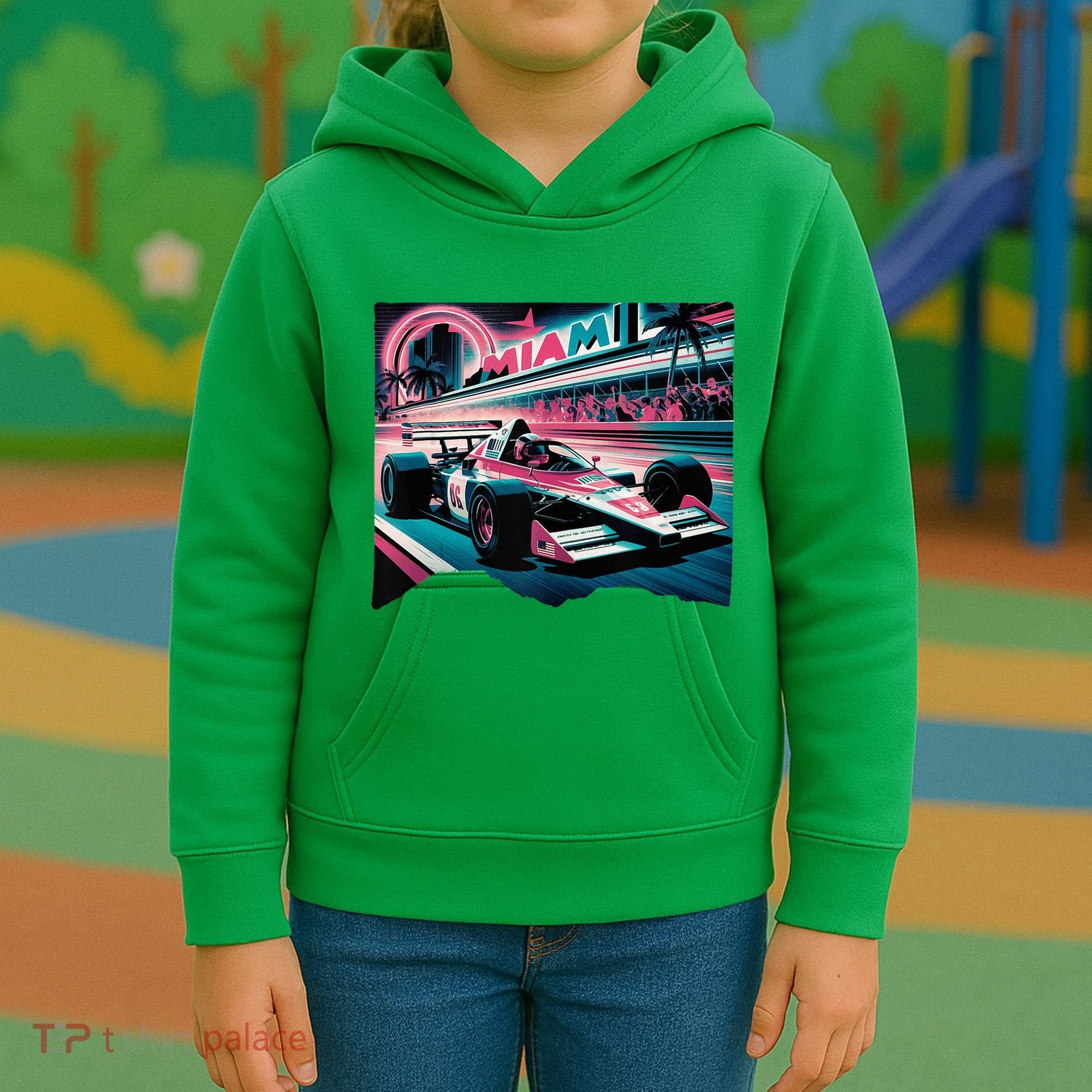 Formula Racing Open Wheel Car Retro Miami Circuit Usa Flag Kids Hoodie