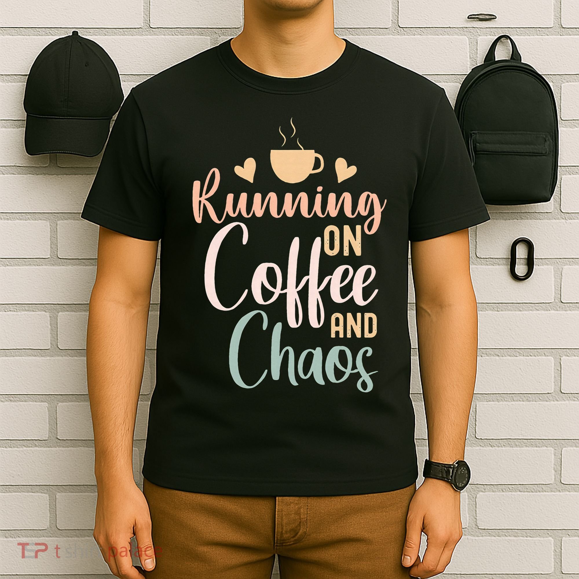 Funny Running on Coffee and Chaos Saying Coffee Addict Humor T-Shirt