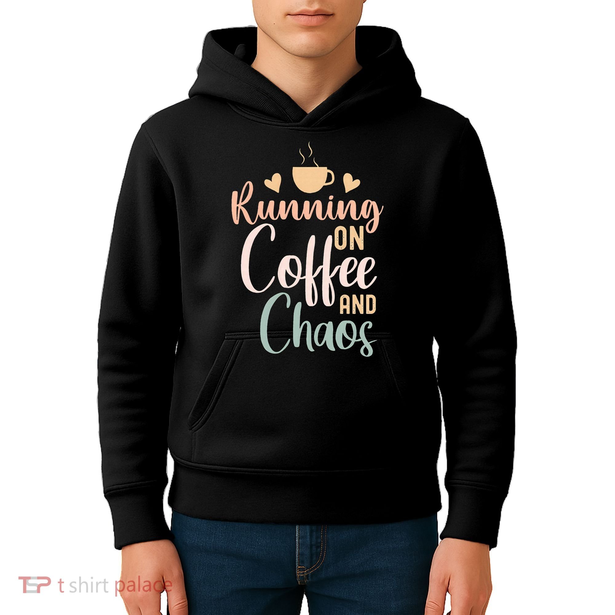 Funny Running on Coffee and Chaos Saying Coffee Addict Humor Kids Hoodie