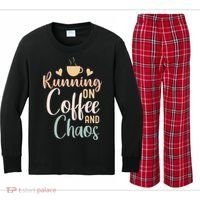 Funny Running on Coffee and Chaos Saying Coffee Addict Humor Kids Long Sleeve Plaid Pajama Set thumb 0