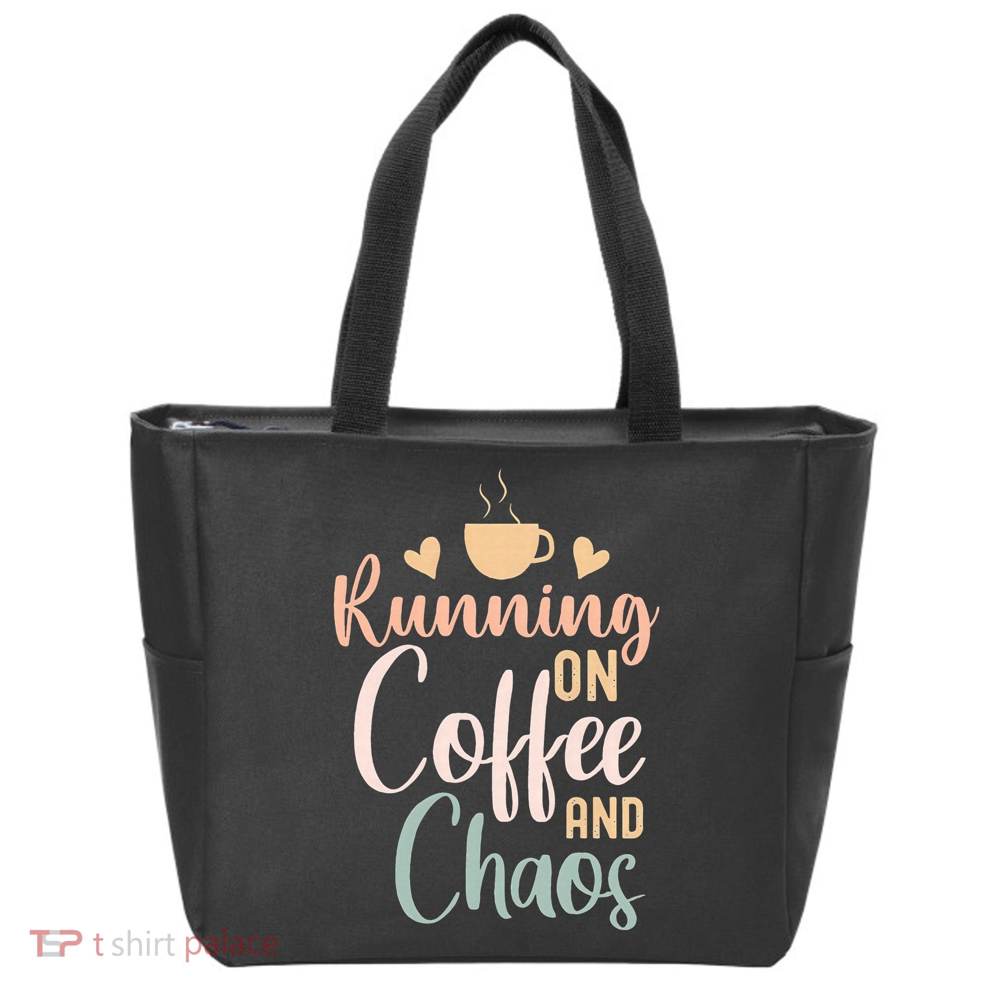 Funny Running on Coffee and Chaos Saying Coffee Addict Humor Tote Bag