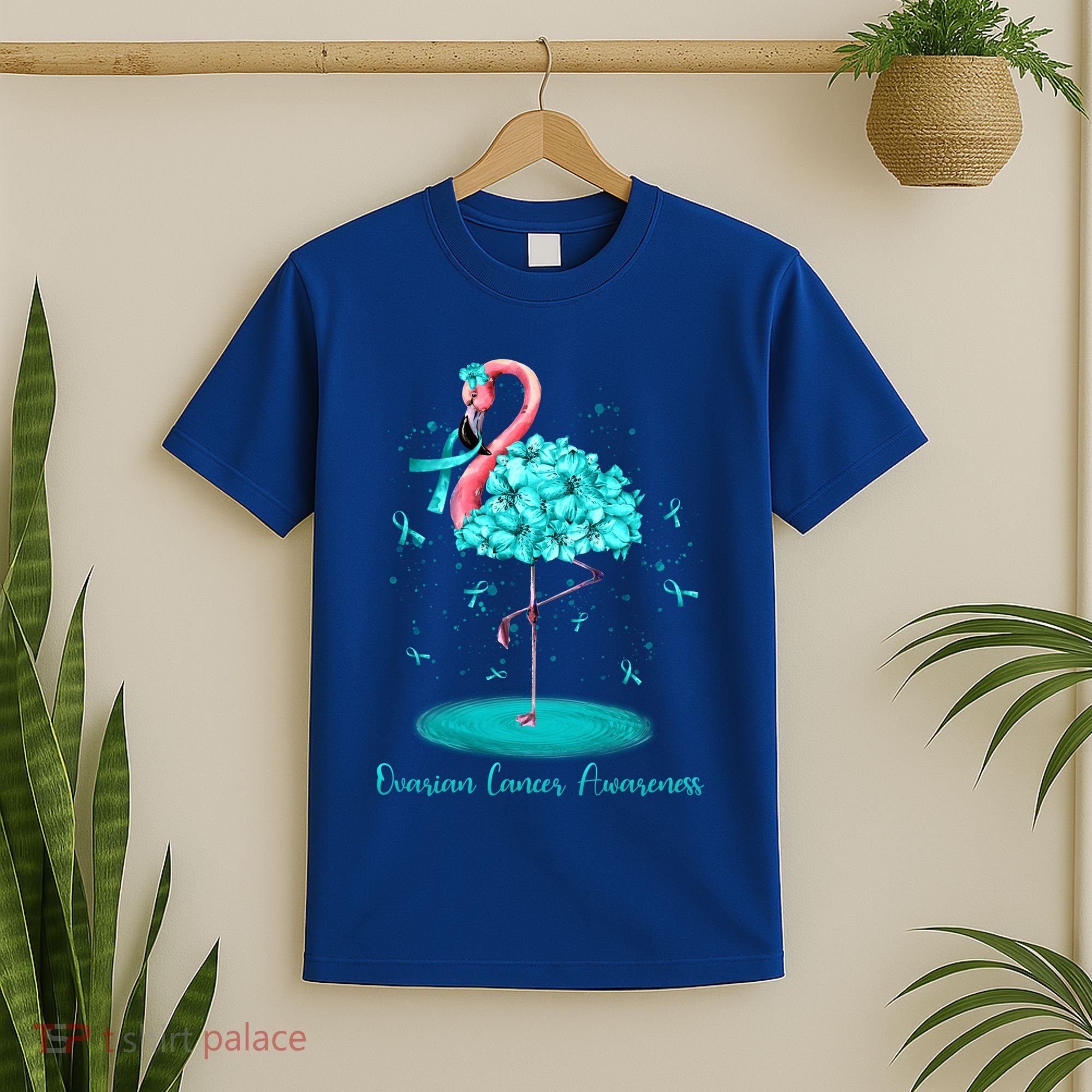 Flamingo Ribbon Ovarian Cancer Awareness T-Shirt