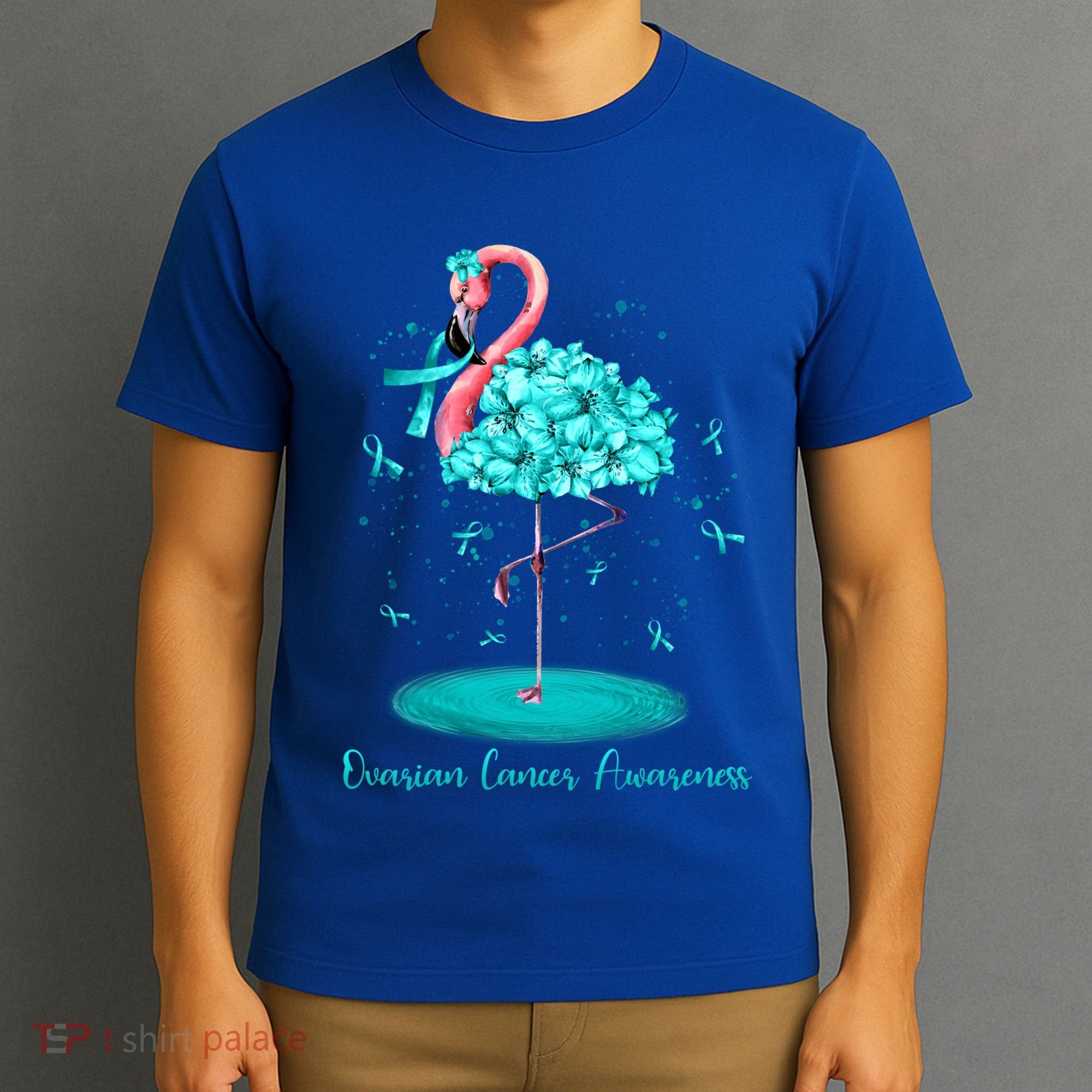 Flamingo Ribbon Ovarian Cancer Awareness T-Shirt