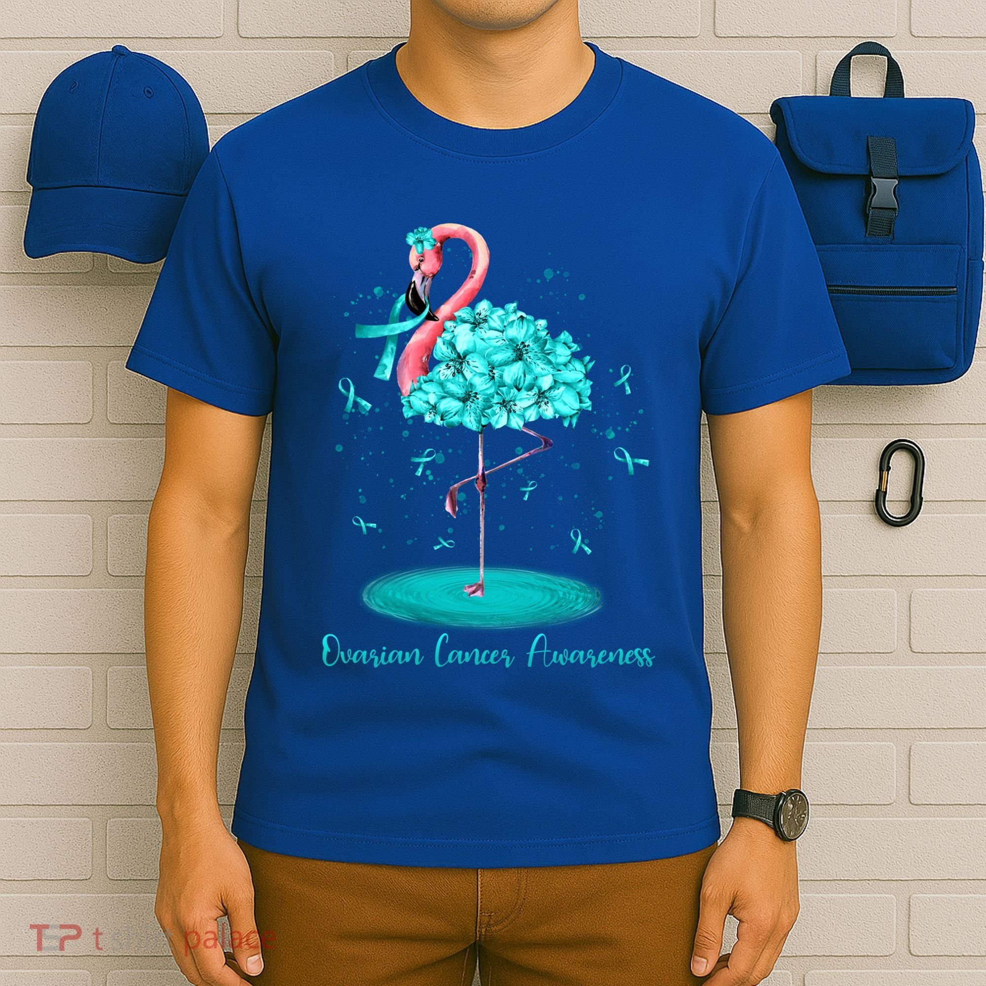 Flamingo Ribbon Ovarian Cancer Awareness T-Shirt