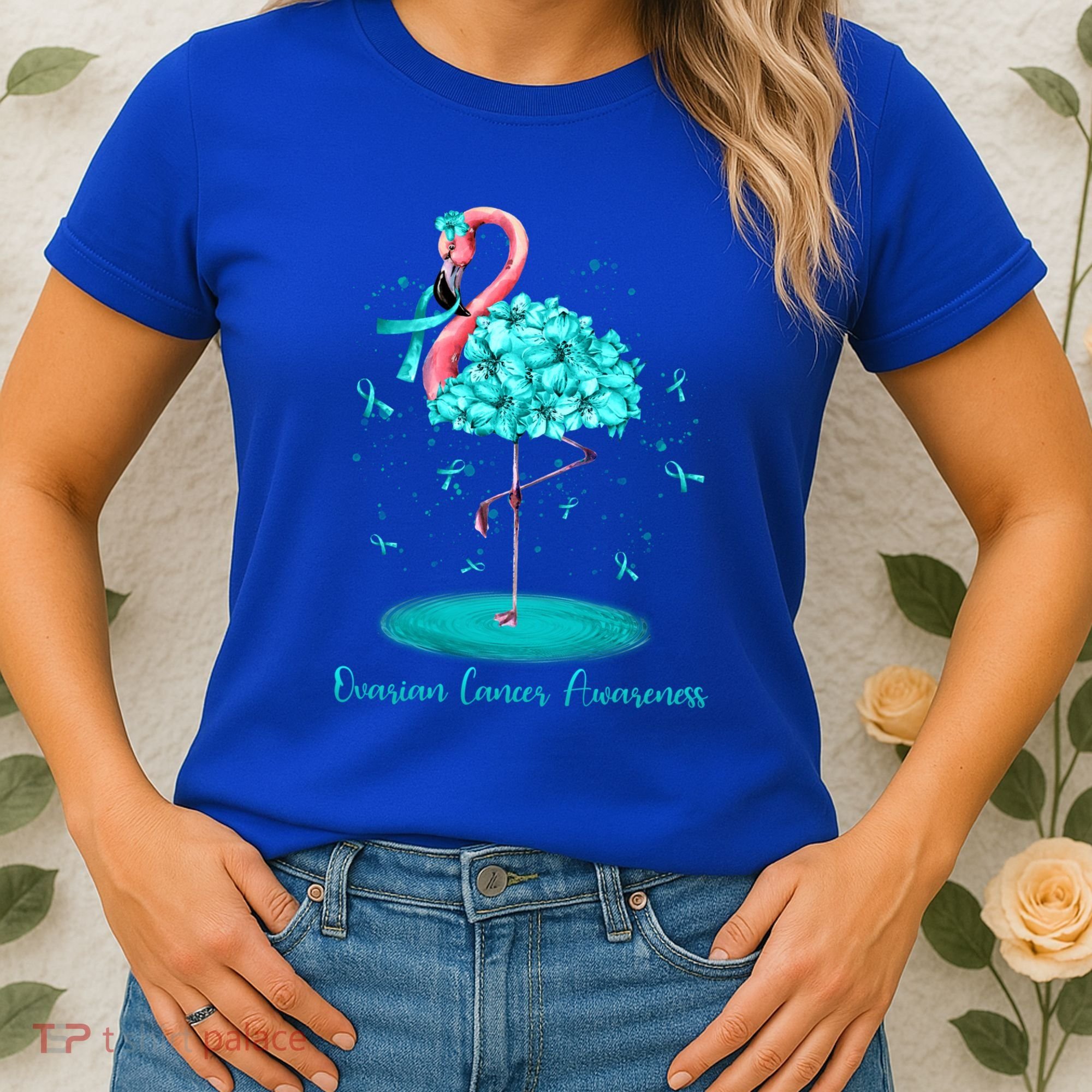 Flamingo Ribbon Ovarian Cancer Awareness Women's T-Shirt