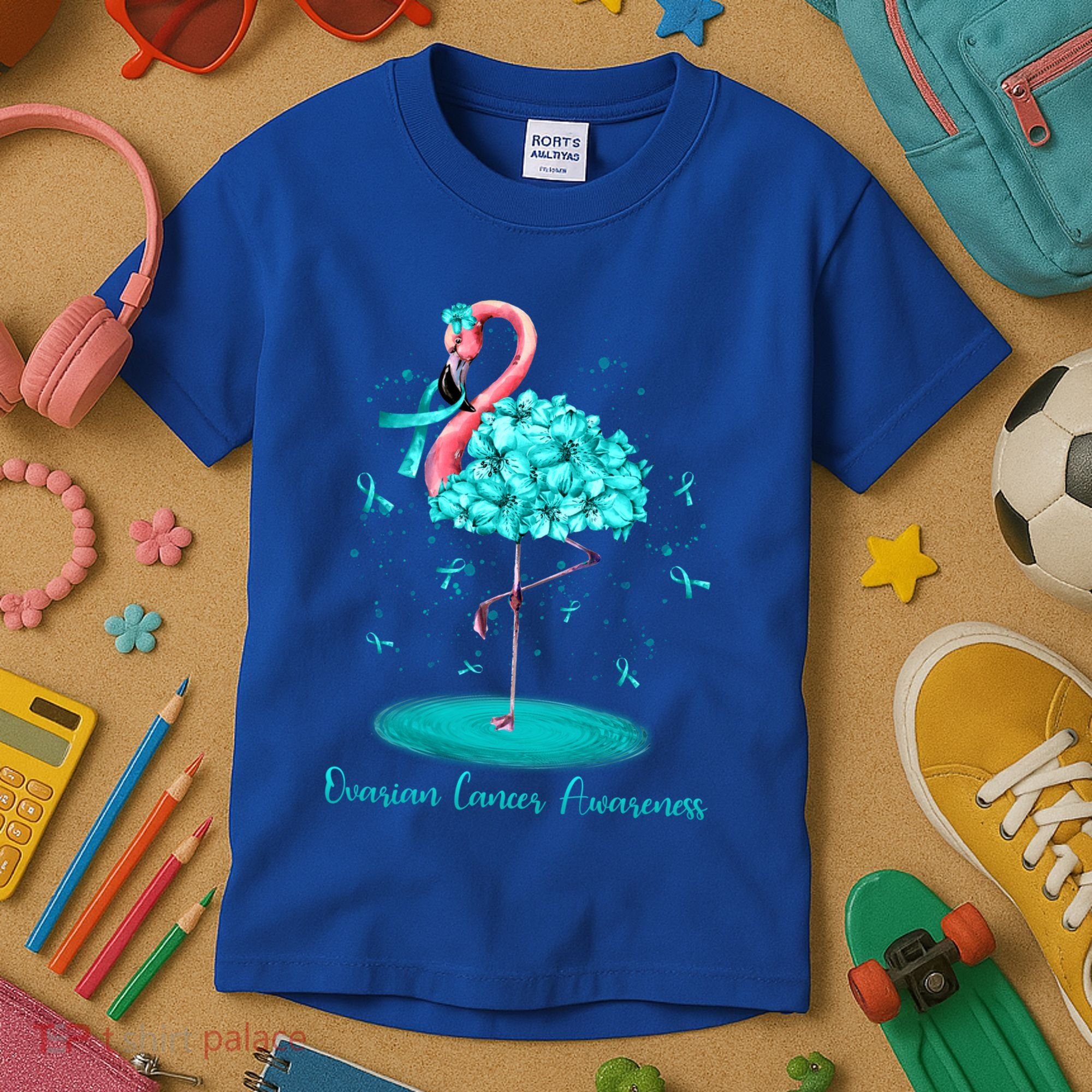 Flamingo Ribbon Ovarian Cancer Awareness Kids T-Shirt