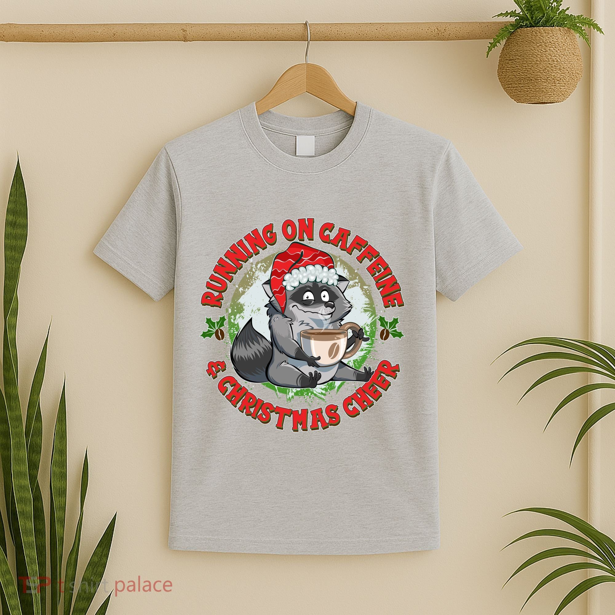 Funny Running On Caffeine And Christmas Cheer Coffee Raccoon T-Shirt