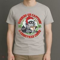 Funny Running On Caffeine And Christmas Cheer Coffee Raccoon T-Shirt thumb 3