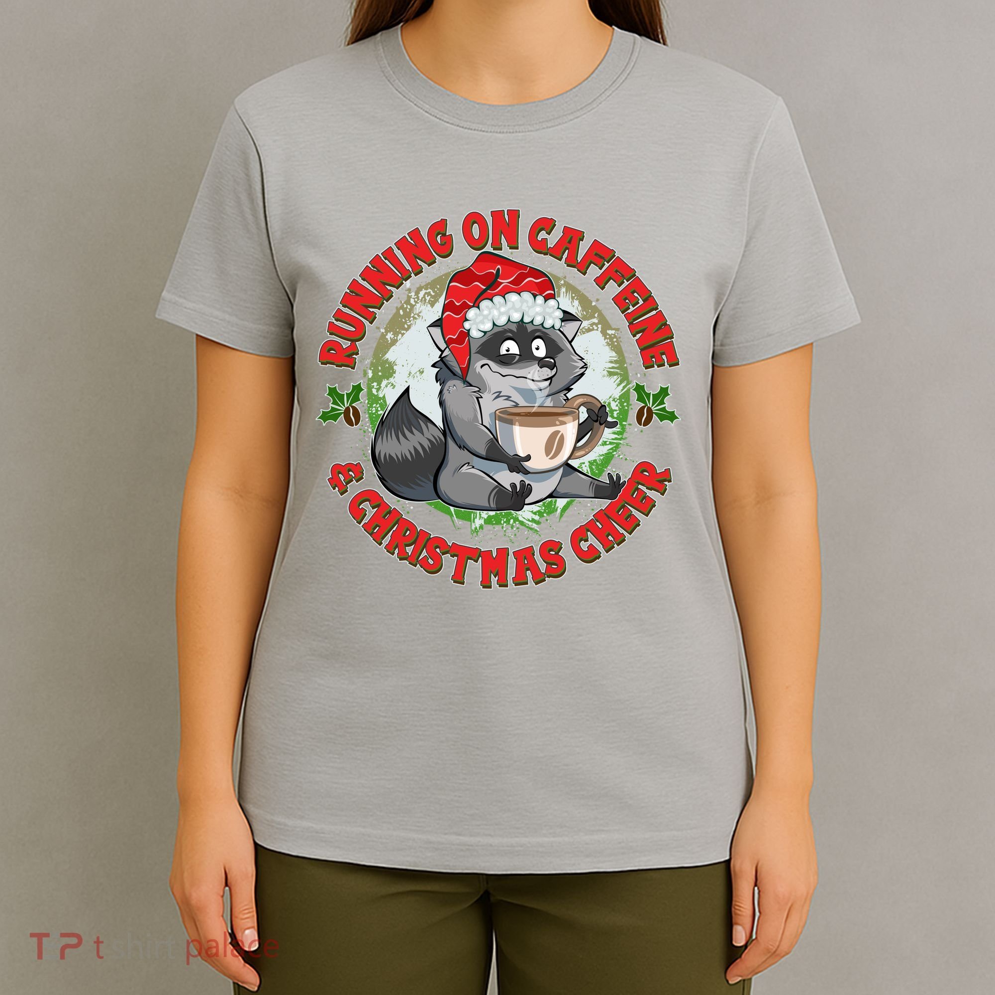 Funny Running On Caffeine And Christmas Cheer Coffee Raccoon T-Shirt