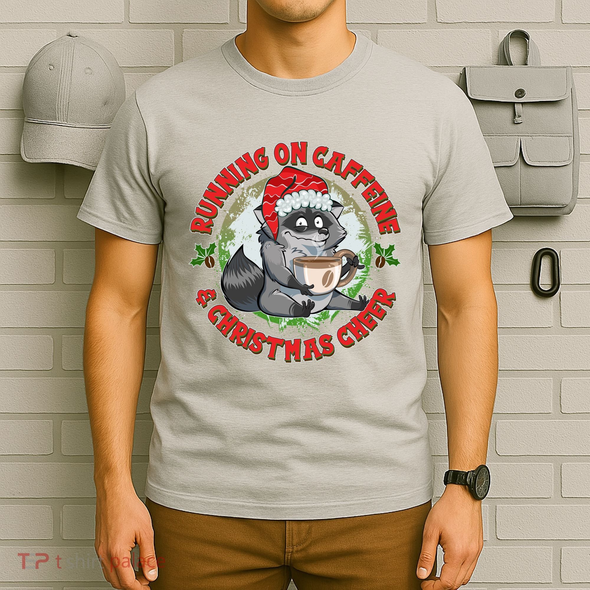 Funny Running On Caffeine And Christmas Cheer Coffee Raccoon T-Shirt