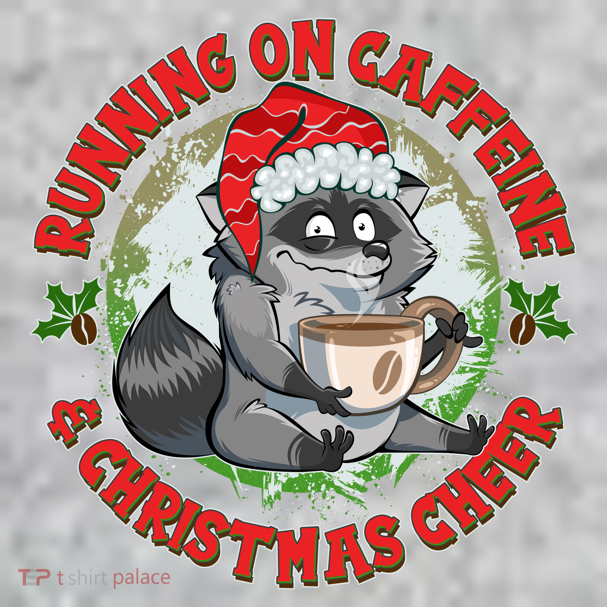 Funny Running On Caffeine And Christmas Cheer Coffee Raccoon T-Shirt