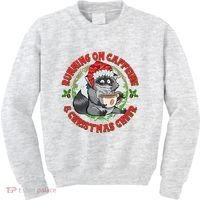 Funny Running On Caffeine And Christmas Cheer Coffee Raccoon Kids Sweatshirt thumb 0