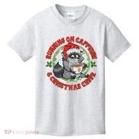 Funny Running On Caffeine And Christmas Cheer Coffee Raccoon Kids T-Shirt thumb 0