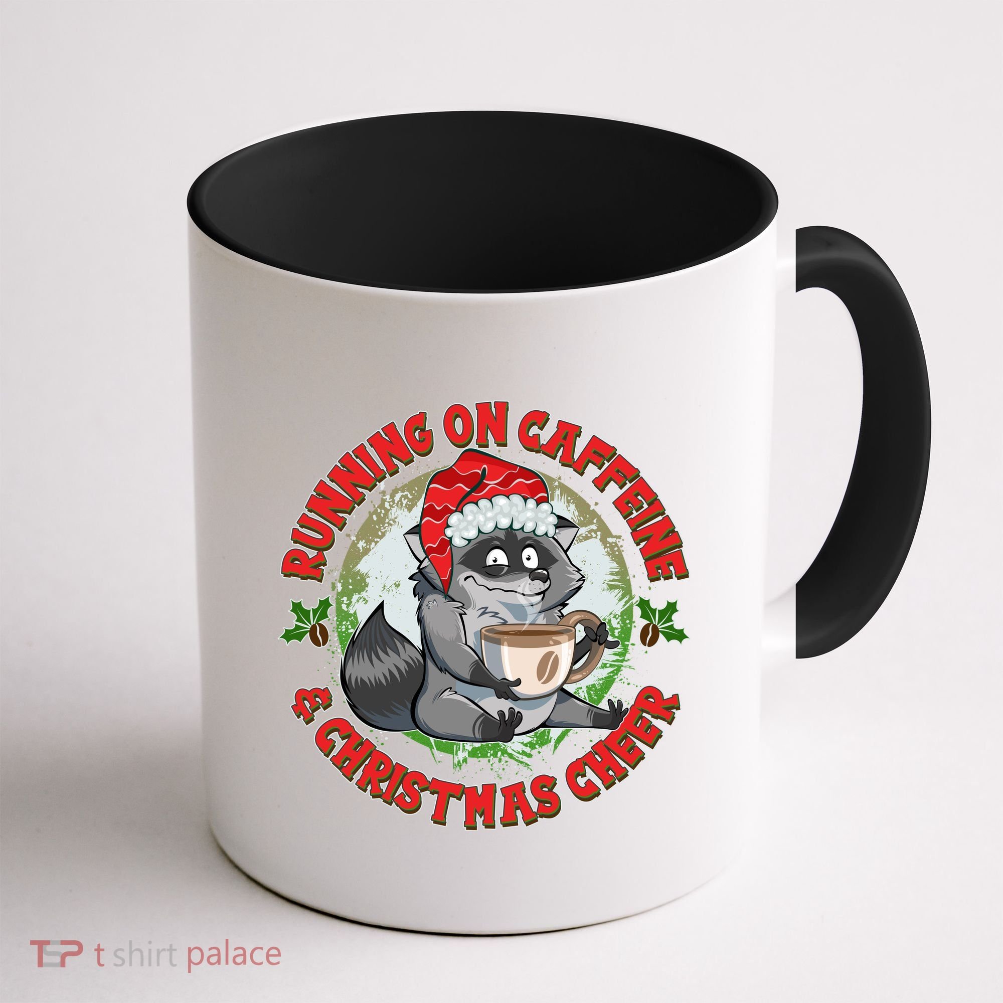 Funny Running On Caffeine And Christmas Cheer Coffee Raccoon Coffee Mug