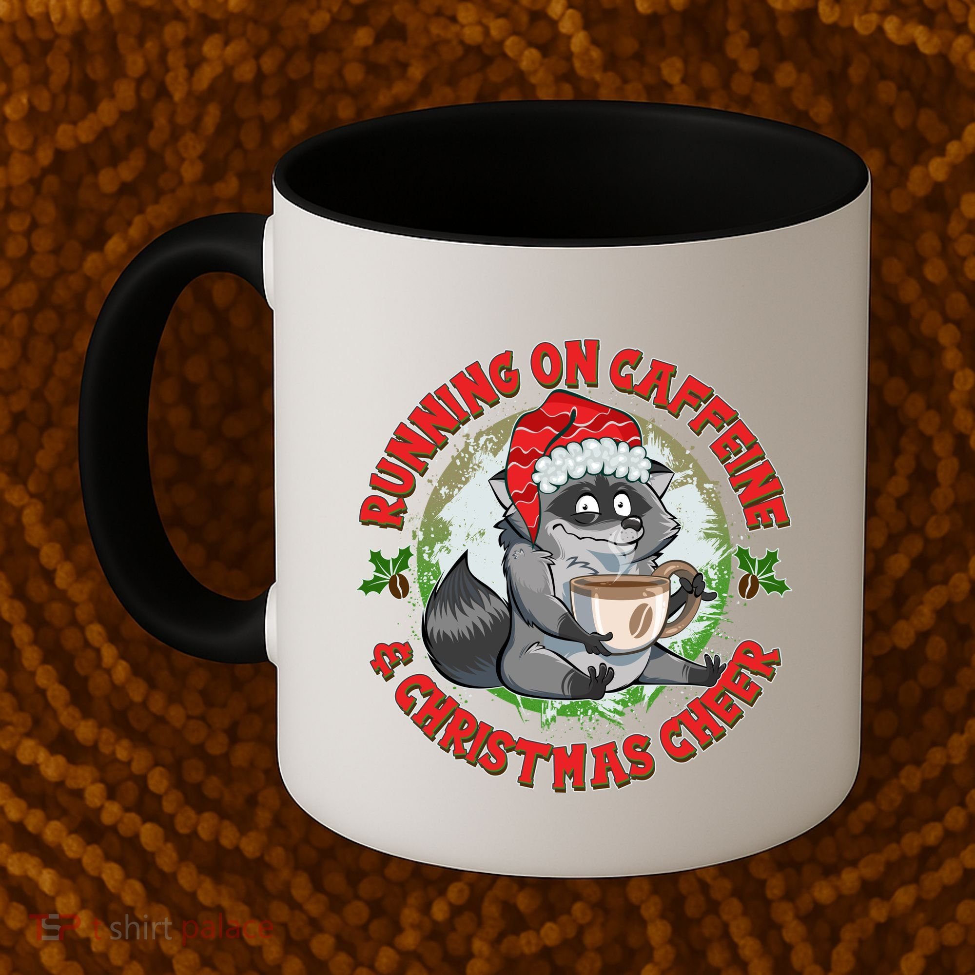 Funny Running On Caffeine And Christmas Cheer Coffee Raccoon Coffee Mug